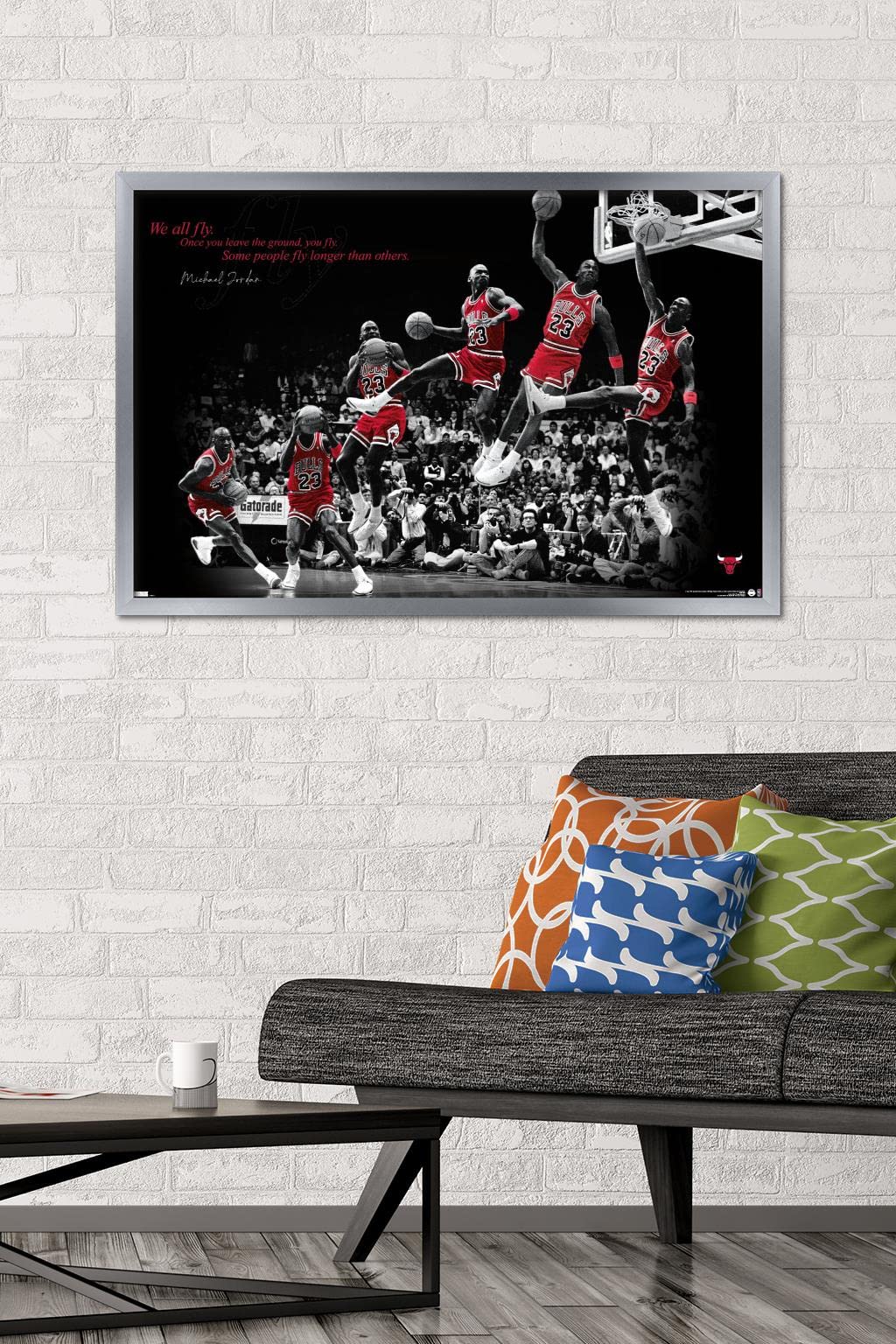 Trends International Michael Jordan-Fly Wall Poster Officially Licensed, 22.375" x 34", Silver Framed Version