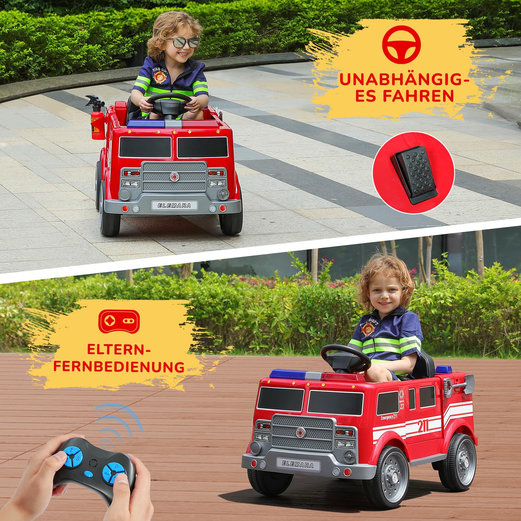 ELEMARA 12V Elektro Feuerwehrauto für Kinder,Elektroautos für Kinder im Alter von 3-6 Jahren,Elektrische Kinderautos mit Fernbedienung,batteriebetriebenes Kinderfahrzeug, mit Sirene, Walkie-Talkies