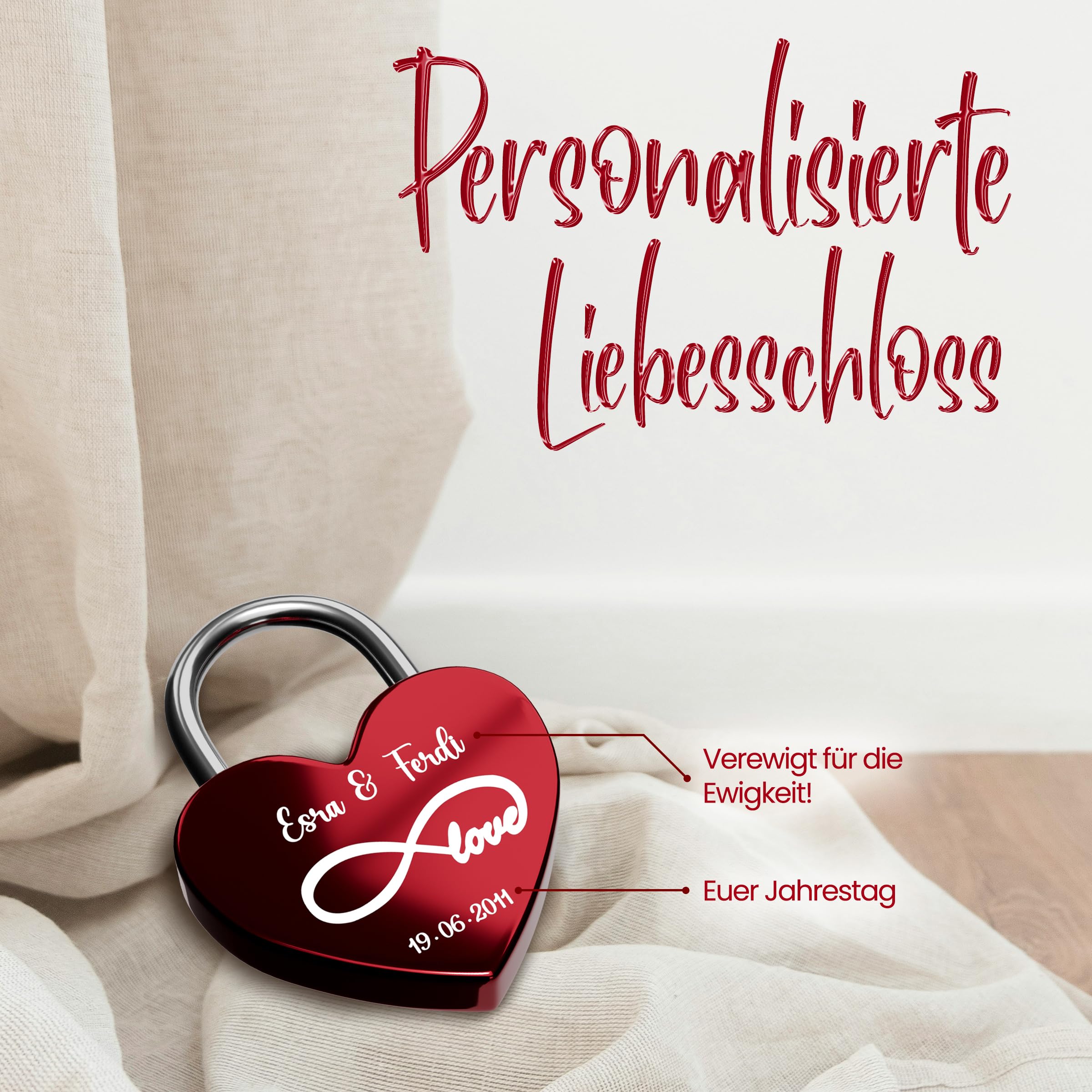 Liebesschloss mit Gravur - Rotes Schloss mit individueller Gravur, witterungsbeständig - Perfektes Liebesgeschenk für Sie und Ihn, ideal für Valentinstag