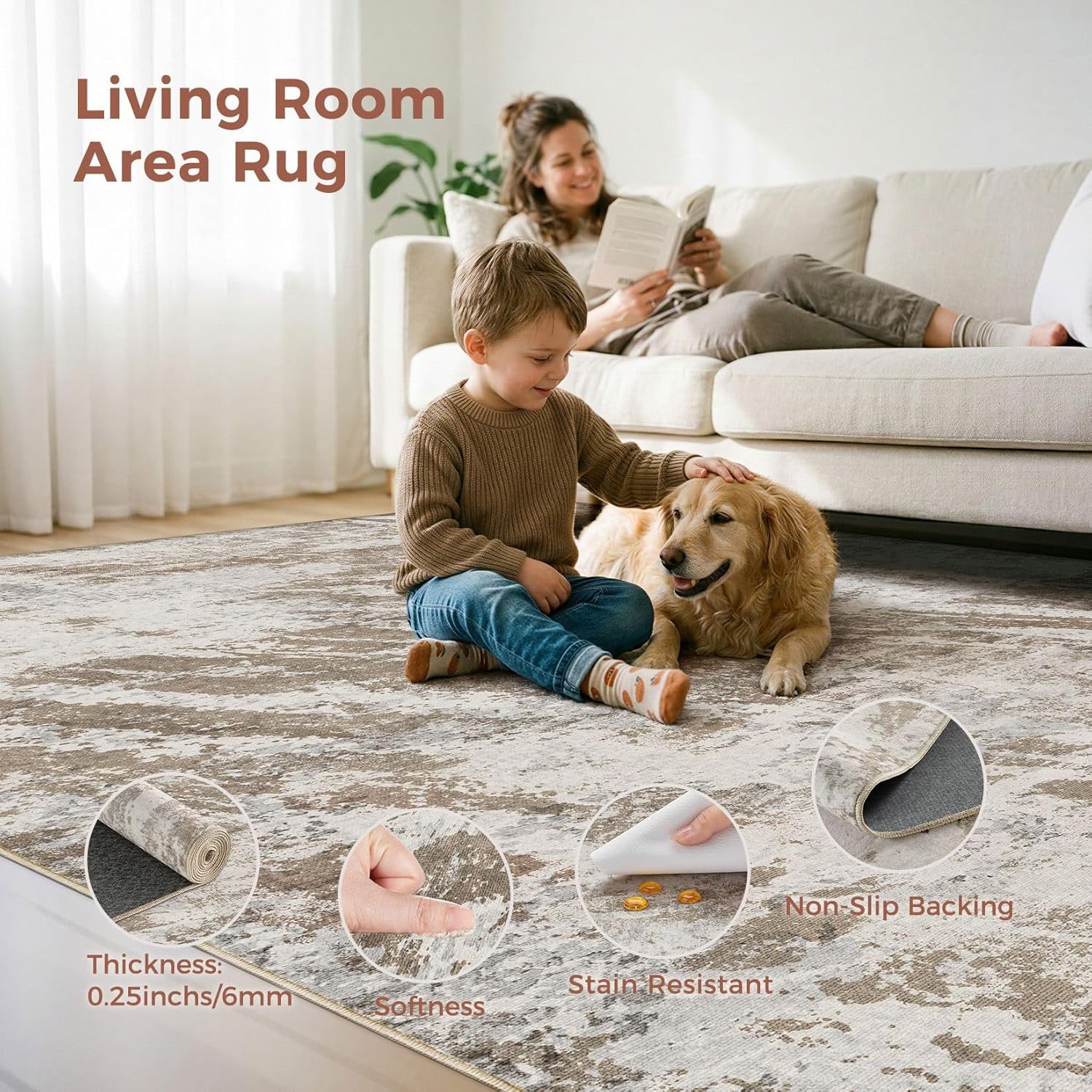DMOYEST 10x14 Washable Area Rug: Abstract Modern Non-Slip Carpet, Soft Low Pile Indoor Neutral Easy Clean Floor Rugs for Living Room Bedroom Dining Room Kids & Pets - Brown
