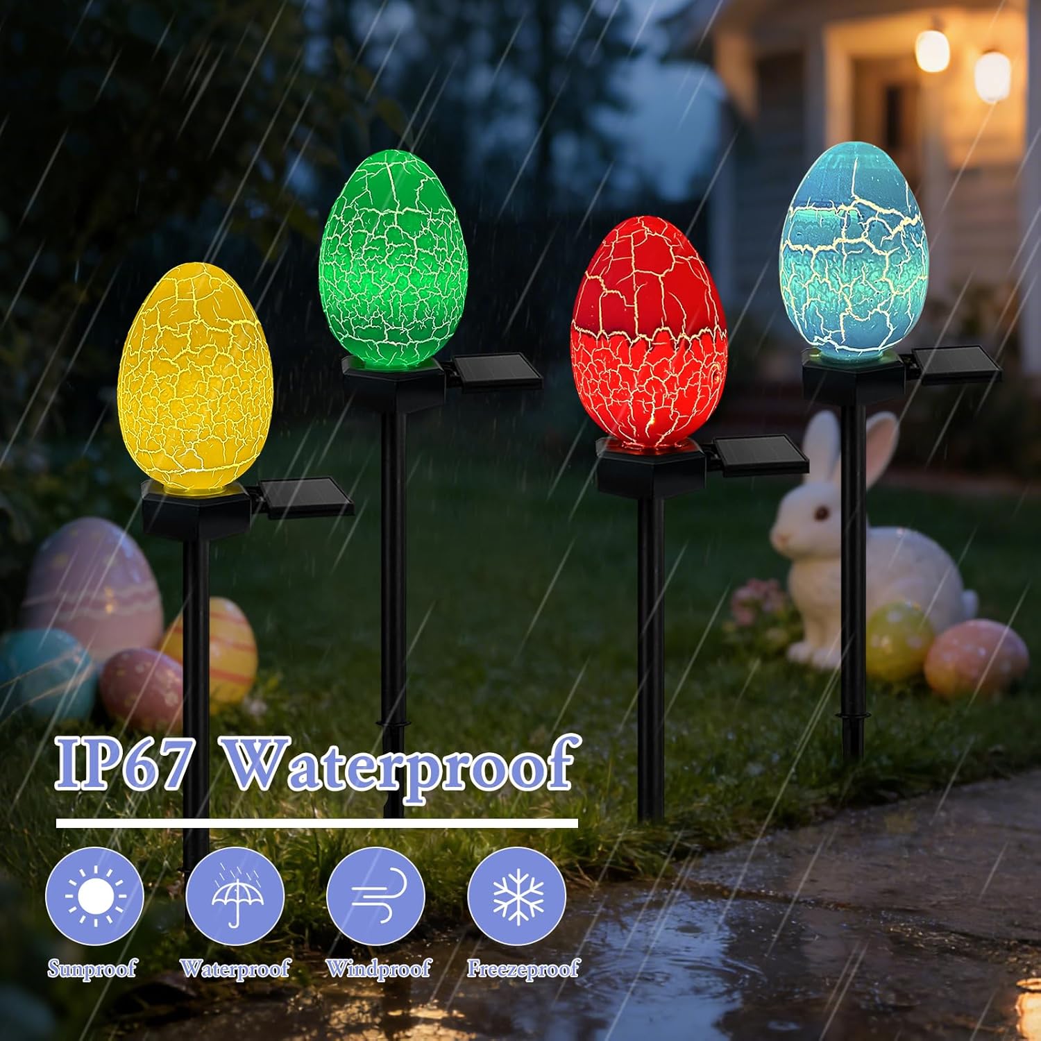 4 Pack Solar Easter Egg Lights Outdoor, Waterproof Solar Easter Yard Decorations Outdoor Easters Yard Stakes Lights for Outside Lawn Walkway Patio Cemetery Grave (Red/Yellow/Green/Blue)