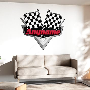 Custom Name Wall Decal Sticker Personalized Racing Checkered Flags Name Large Vinyl Wall Sticker for Home & Room Decor, Removable Wall Art for Kids & Teens Bedroom, Car