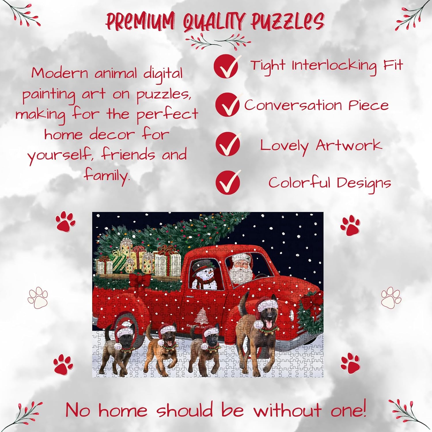 Christmas Express Delivery Red Truck Running Belgian Malinois Dogs Jigsaw Puzzle for Adults - Animal Printed Interlocking Puzzle Gift for Dog Lover's- 500 Pcs 14"x20"
