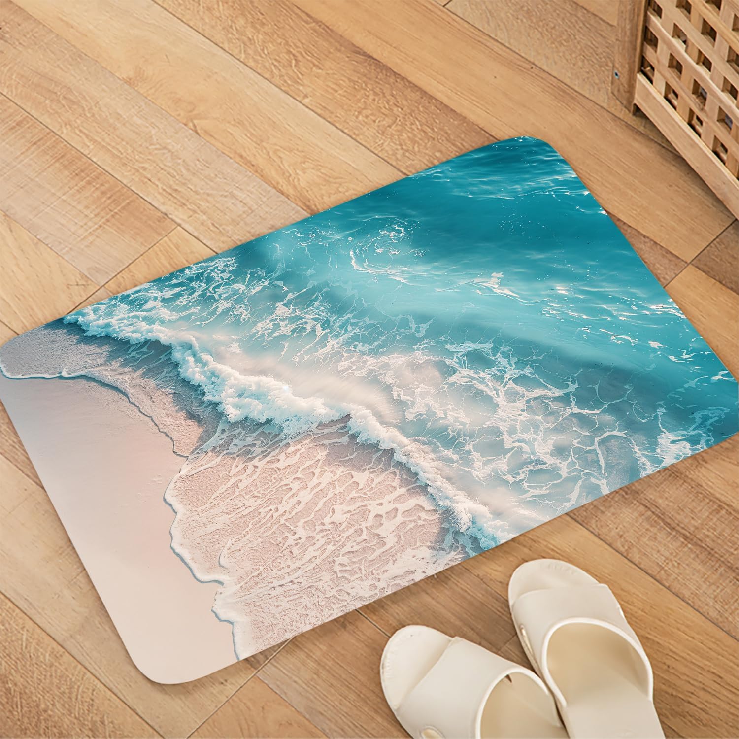 LYFANS Memory Foam Bath Mat, Non Slip Absorbent Flannel Bathroom Rug, 18" x 30" Soft Washable Shower Mat with Ocean Wave Print for Bathroom, Kitchen, Entryway