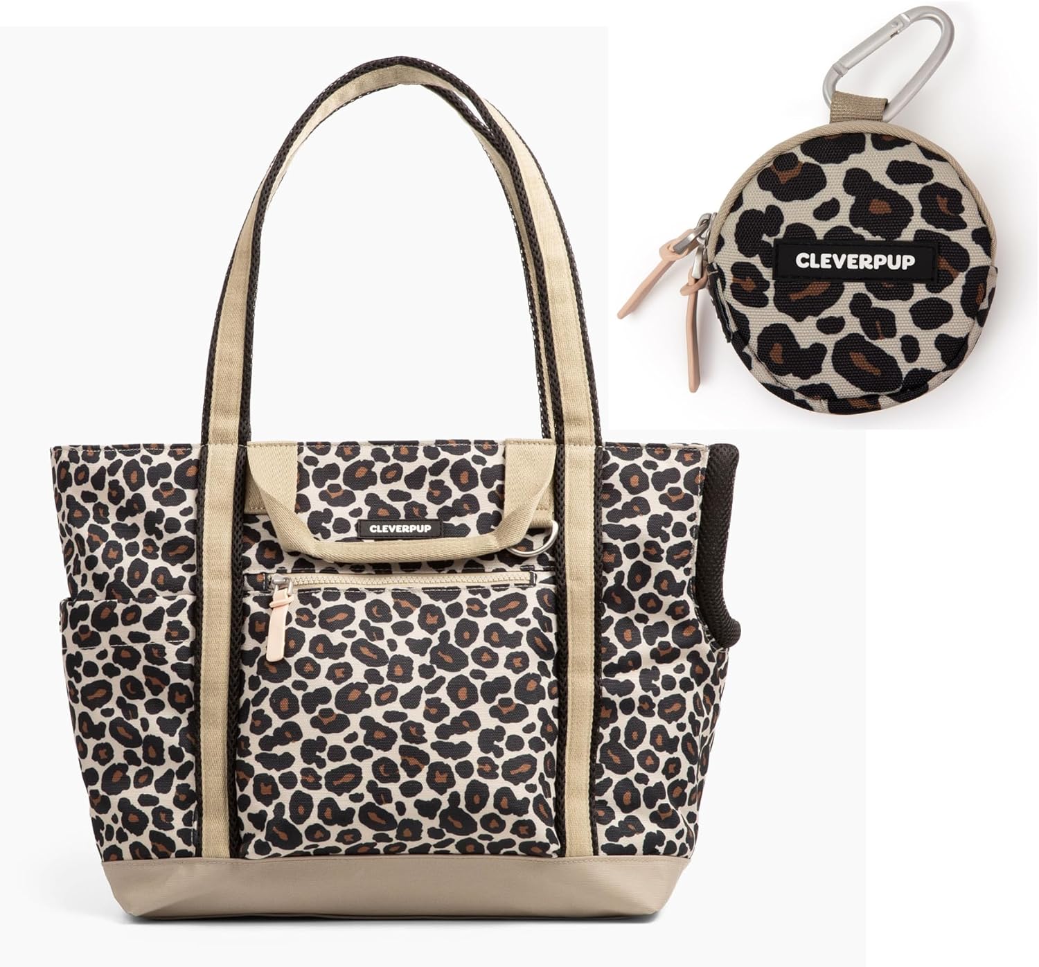 CLEVERPUP Transit & Treat Bundle - Premium 4-Piece Transit Tote Dog Carrier in Leopard & Snackpack in Leopard
