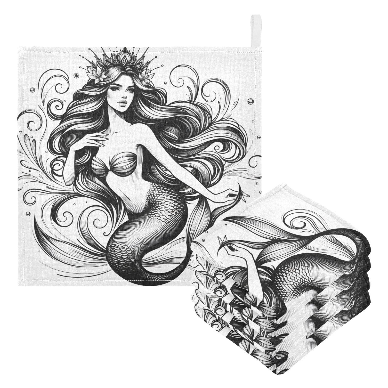 Bolaz Washcloths Set Bathroom Kitchen Wash Cloths Face Towels Wipes Mermaid Sketch Decorative 12x12 Inch 5 Pack