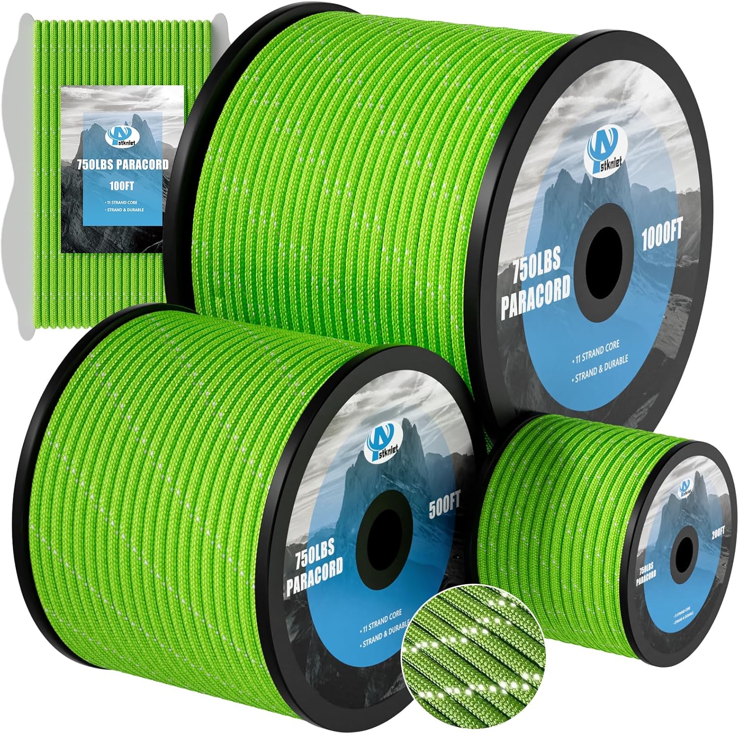 750Ib Reflective Paracord Rope,100′ 200′ 500′ 1000′, 4mm 11 Strand Parachute Spool Cord with Collecting Bag, para Cord Lanyard for Hammock, Camping 750Ib Reflective Paracord Rope,100′ 200′ 500′ 1000′, 4mm 11 Strand Parachute Spool Cord with Collecting Bag, para Cord Lanyard for Hammock, Camping