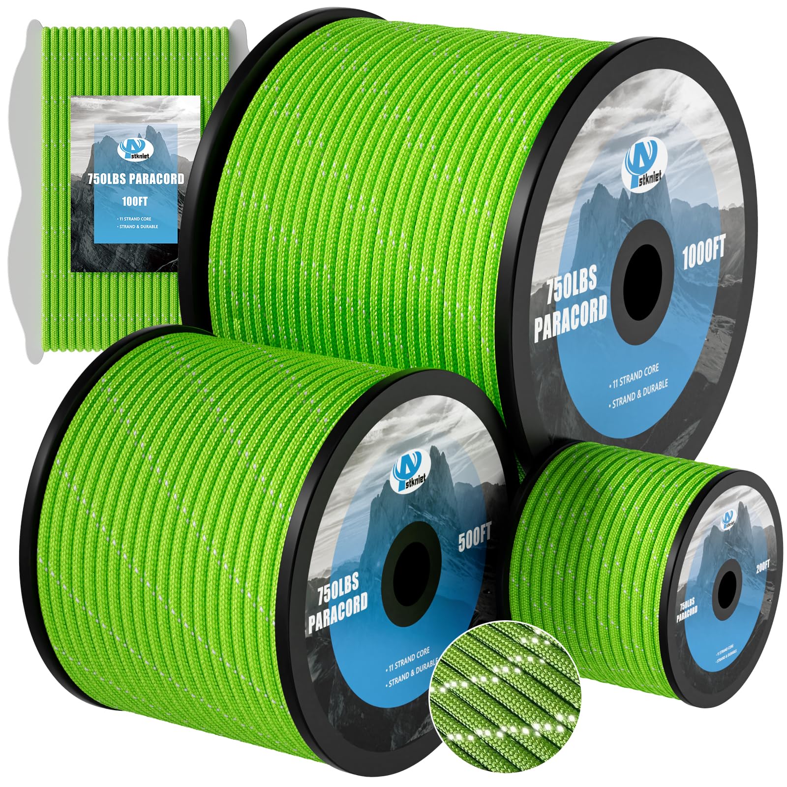 750Ib Reflective Paracord Rope,100' 200' 500' 1000', 4mm 11 Strand Parachute Spool Cord with Collecting Bag, para Cord Lanyard for Hammock, Camping