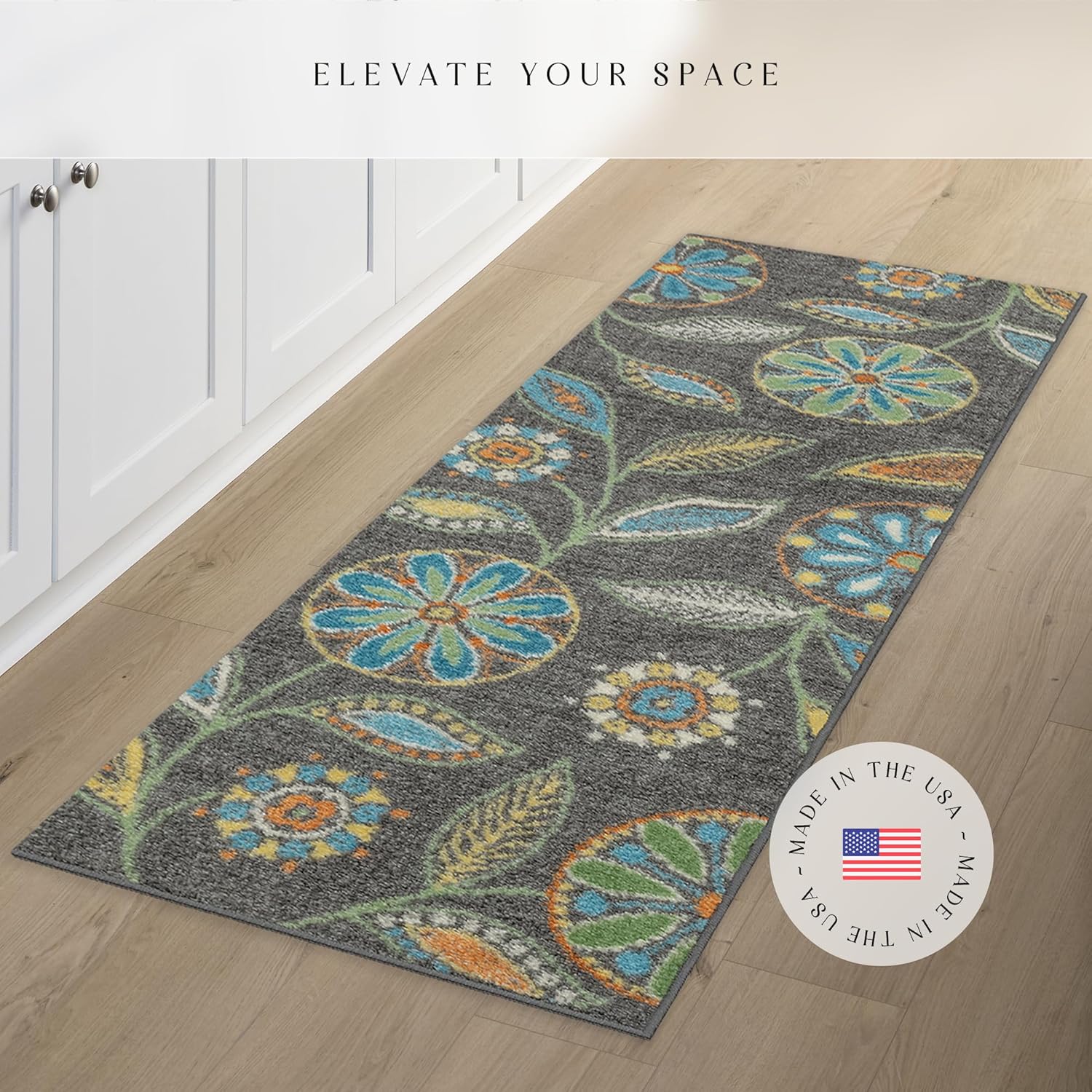 Maples Rugs Reggie Floral Runner Rug - Made in USA - Washable, Non Slip Indoor Carpet for Kitchen, Hallway, and Laundry Room, 2' x 6', Dark Grey