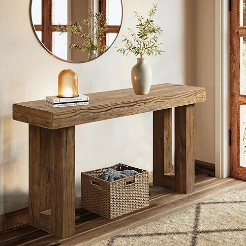 Miniatura 6 de Mesa consola de madera maciza recuperada, mesa de entrada de granja de 59 pulgadas de largo, mesas rectangulares para sofá detrás del sofá, mesas