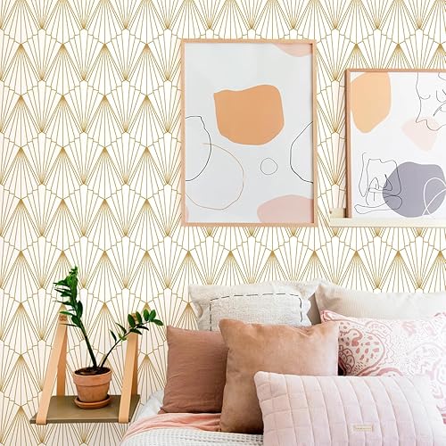 Miniatura 3 de Jeweluck Papel tapiz dorado y blanco para despegar y pegar, papel de contacto geométrico de 17.7 x 118.1 pulgadas, papel tapiz dorado para pegar y