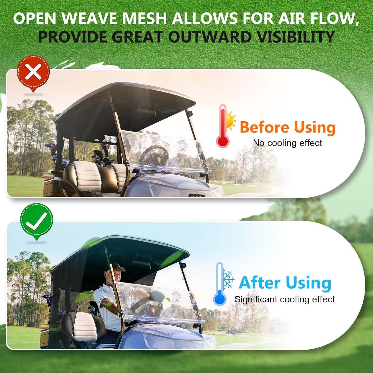 600D Golf Cart Sunshade for Club Car Precedent & EZGO TXT/RXV (2-Passenger), Mesh Sun Enclosure for UV Protection, Heat & Wind Blocker, Cool Mesh