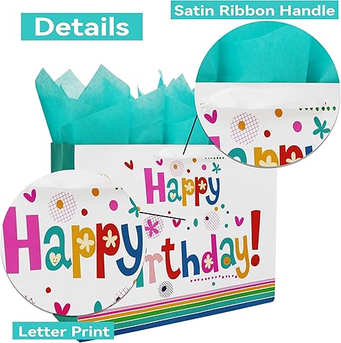 Miniatura 4 de Qirrmiy Juego de bolsas de regalo extra grandes de 16.5 pulgadas con tarjeta de felicitación y papel de seda verde (lindo "Happy Birthday") para