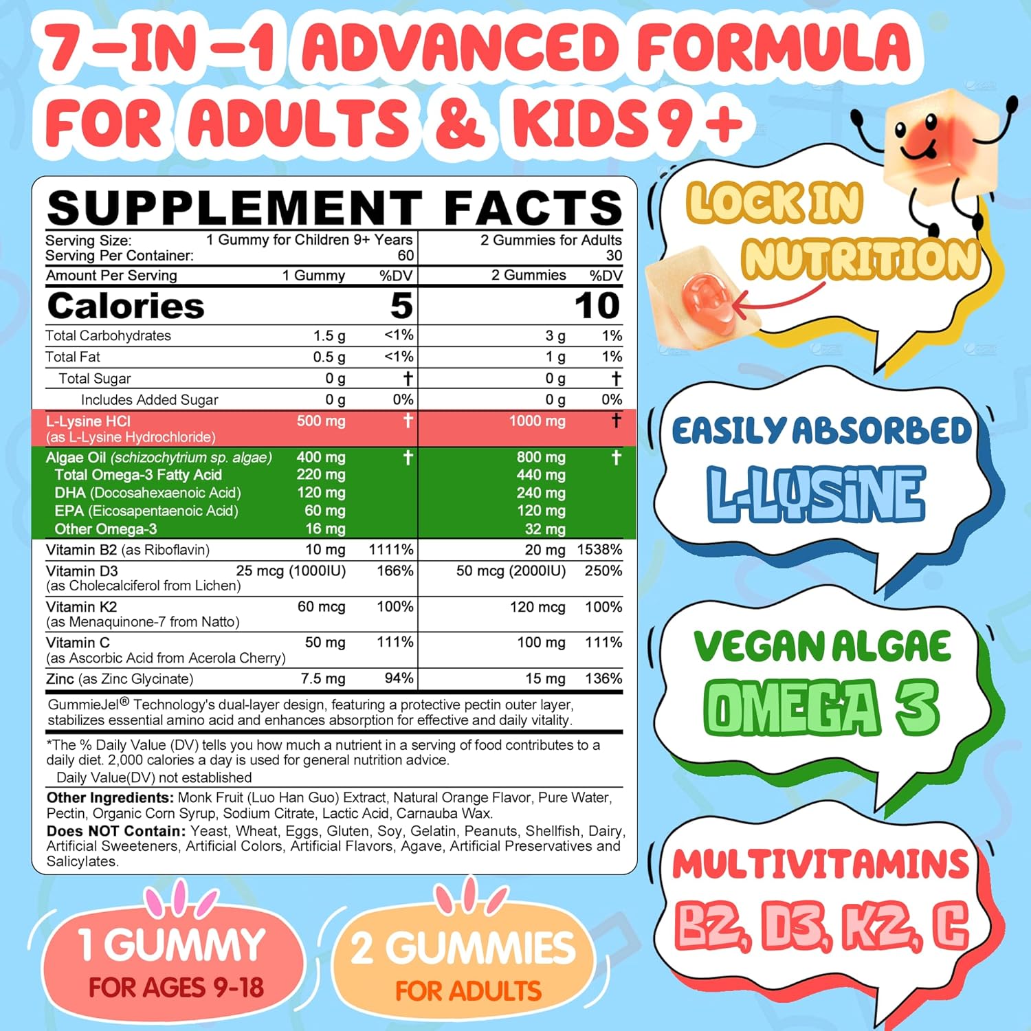 Nextdia L-Lysine 500/1000mg Filled Gummies Support Immune+Kids Brain Booster Supplement for Focus & Attention