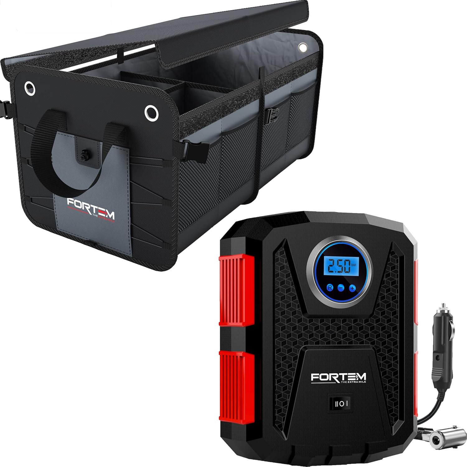FORTEM Car Trunk Organizer (2 Compartment, Grey) + Portable Tire Inflator