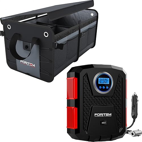 FORTEM Organizador de maletero de coche (2 compartimentos, gris) + inflador de neumáticos portátil