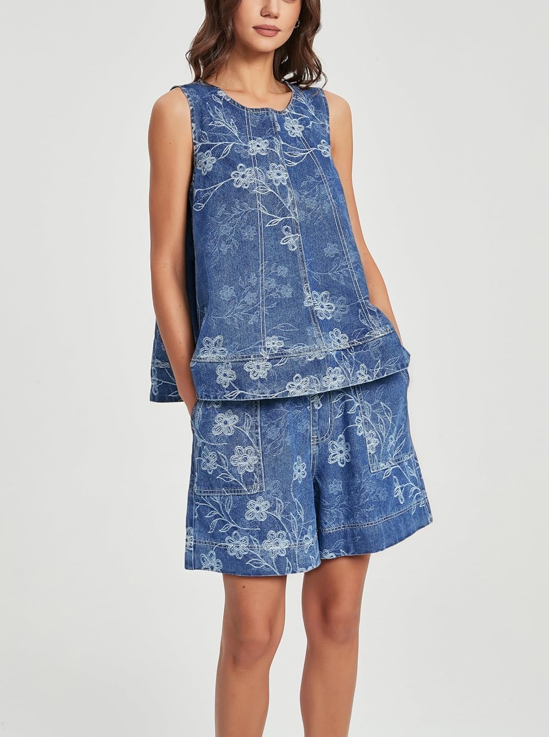 Ladyful Jacquard Denim Sets for Women 2 Piece Outfits Floral Sleeveless Denim Tank Top and Wide Leg Jean Short matching Set - Image 2