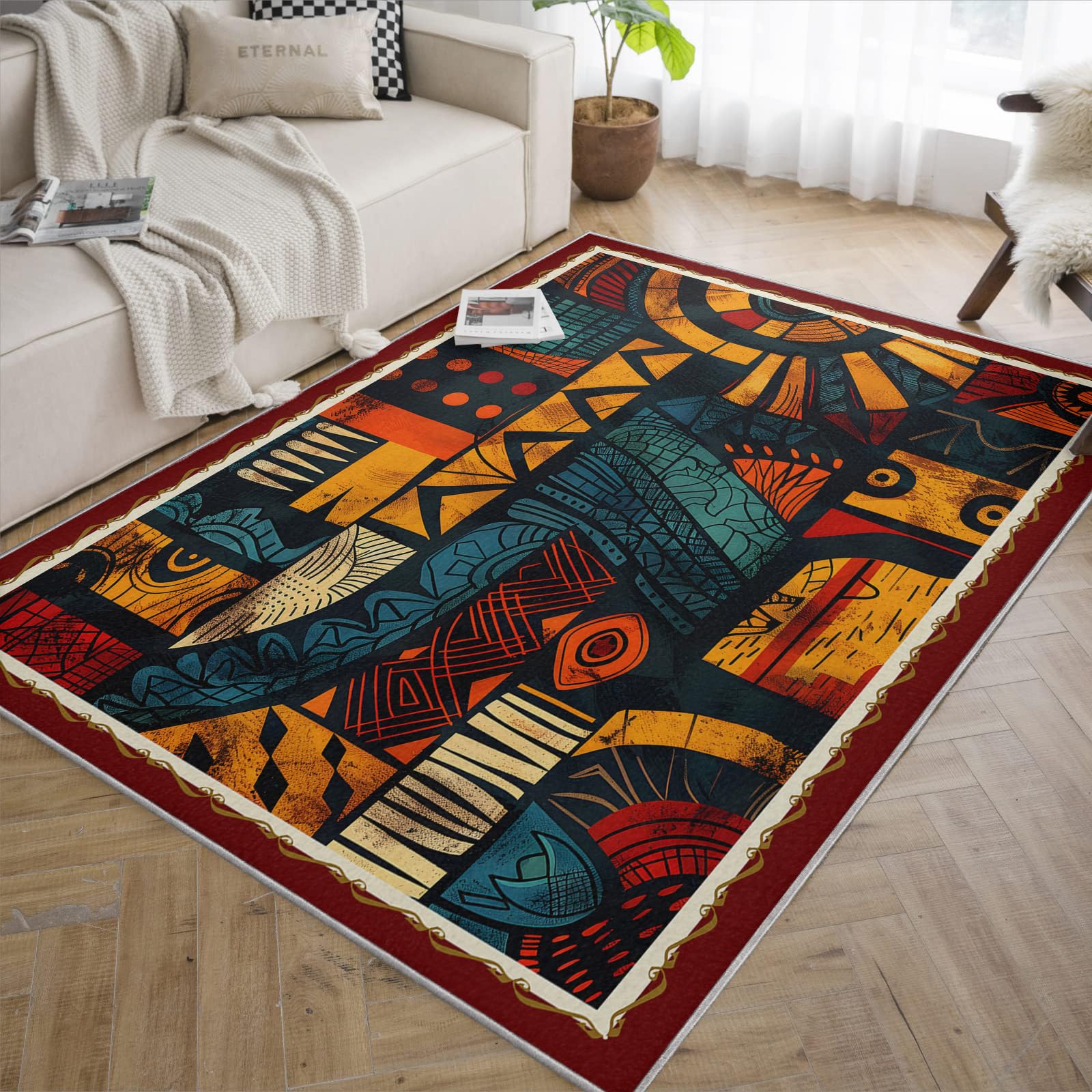 Tappeti tribali africani lavabili, blocchi totem geometrici astratti e tappeti per soggiorno con motivo etnico azteco, tappeto morbido a pelo basso per camera da letto e sala da pranzo 80x120cm