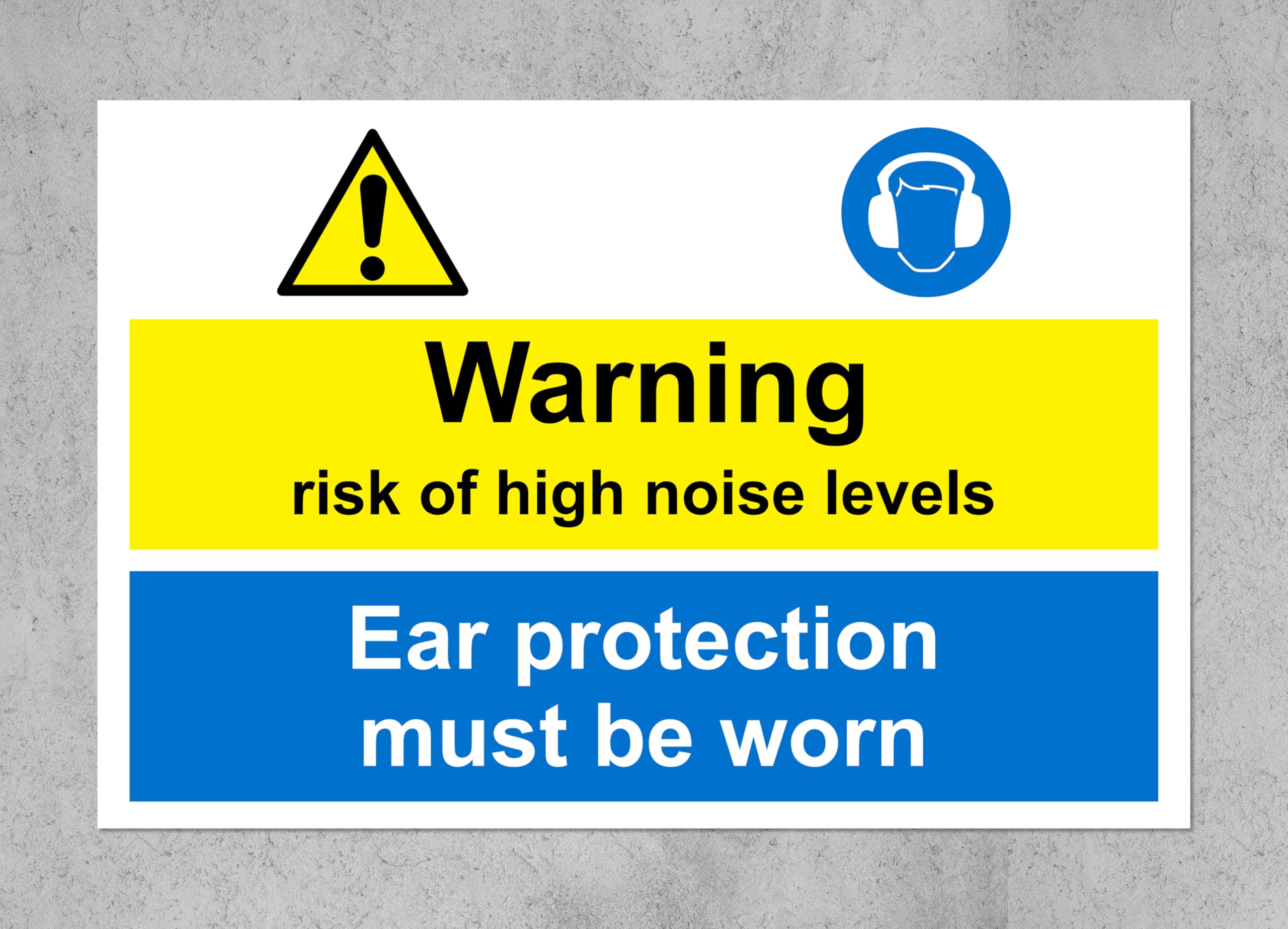 Warning Risk of high Noise Levels. Ear Protection Must be Worn Sign - 1.2mm Rigid Plastic 300mm x 200mm Case (Pack of 20)