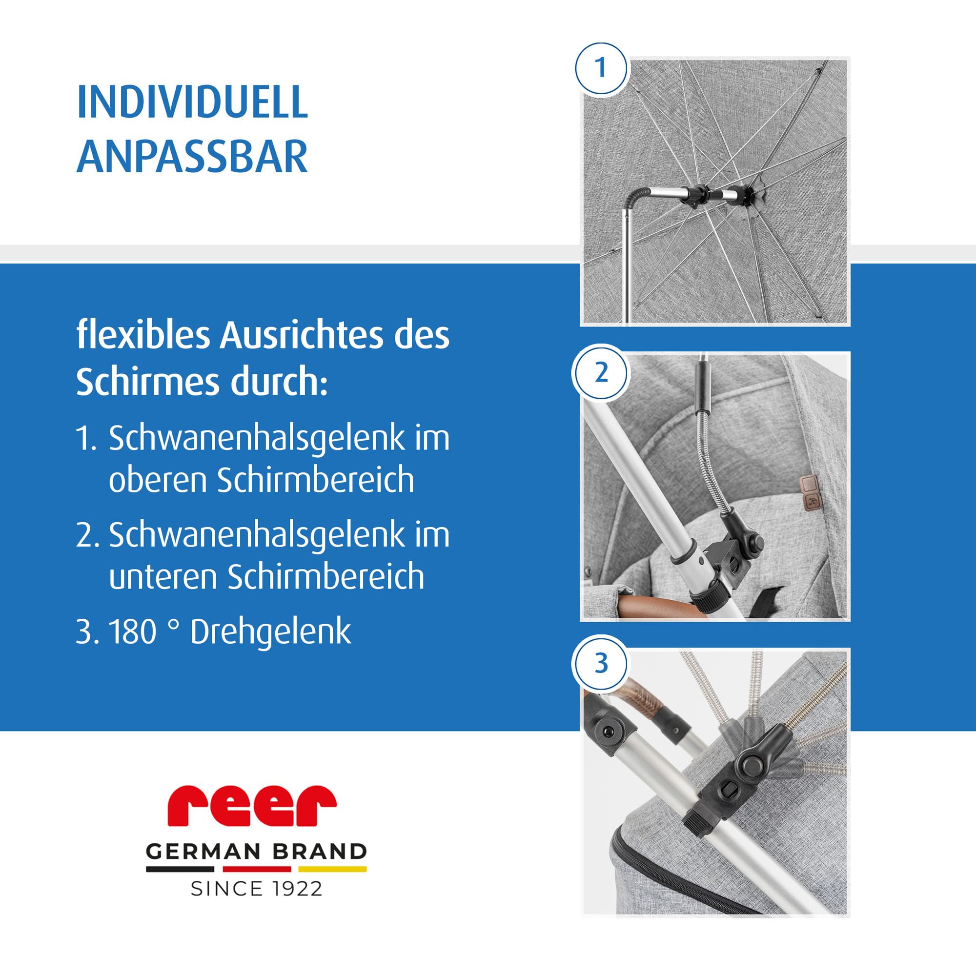reer ShineSafe Kinderwagen-Sonnenschirm | UV-Schutz (UPF 80+) | universal passend für Kombi- & Sportwagen | Sonnenschutz mit Drehgelenk | aus 100% rPET-Polyester | Einfache Anbringung | Grau-Melange