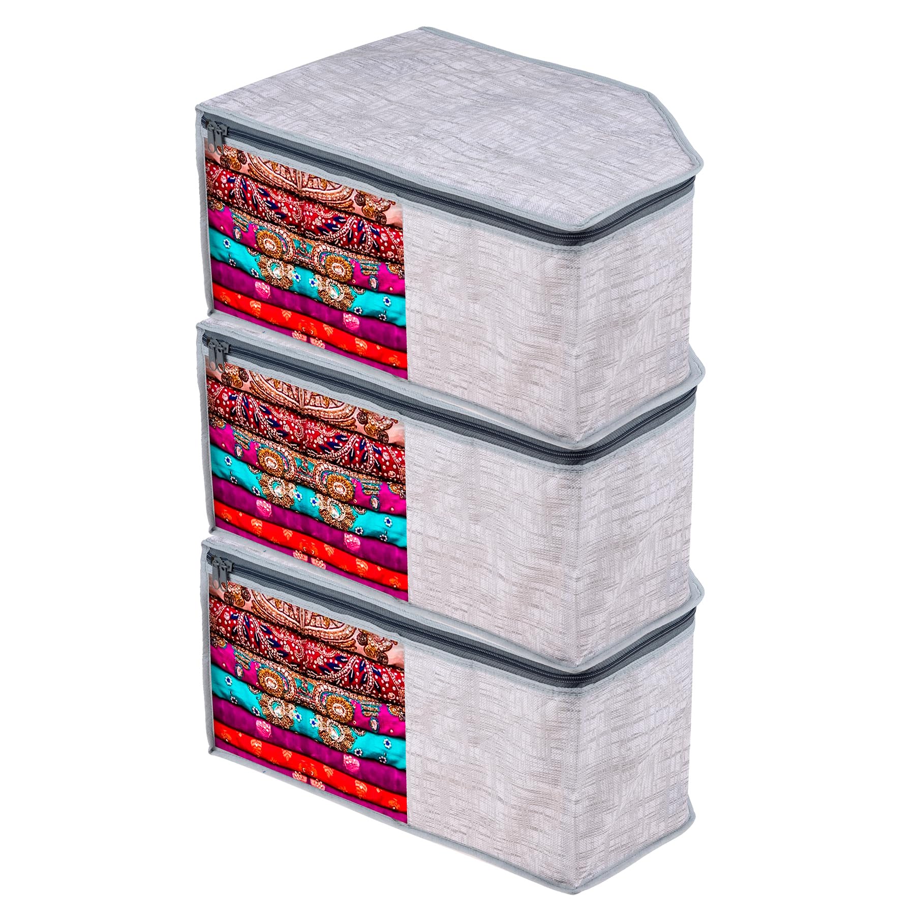 Kuber Industries Blouse Cover | Clothes Storage Bag | Zipper Closure Wardrobe Organizers | Clothes Organizer with Transparent Window | Jute Printed Clothes Bag | Pack of 3 | Gray-image-16