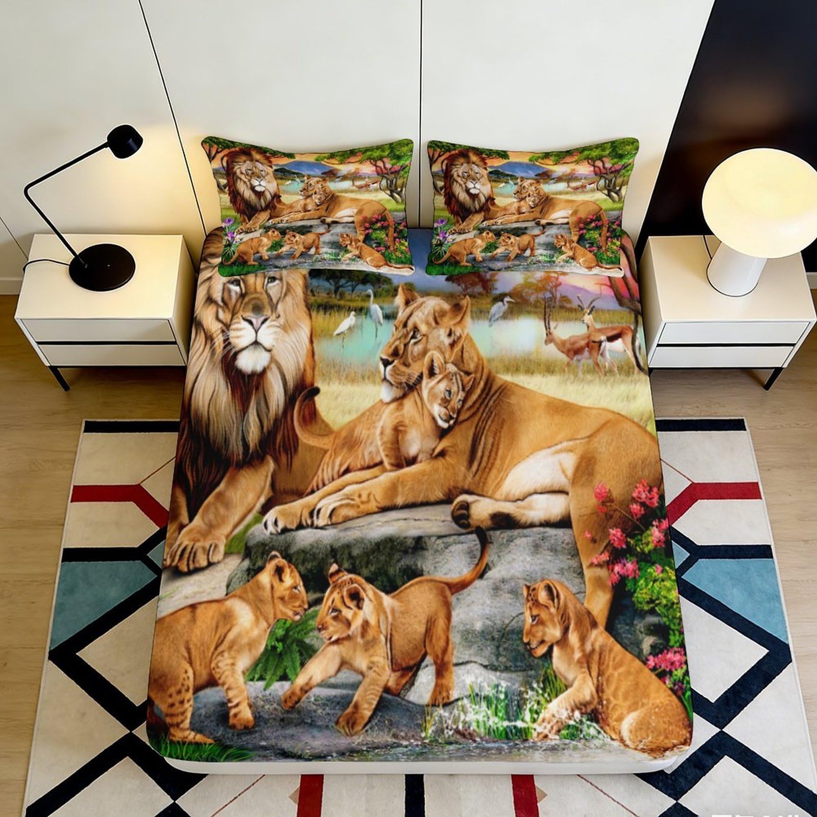 3D Printed Lion Family Fitted Sheet Microfiber Soft Breathable Savannah Sunset Bed Cover for Bedroom Dorm Decor 90x200x25cm