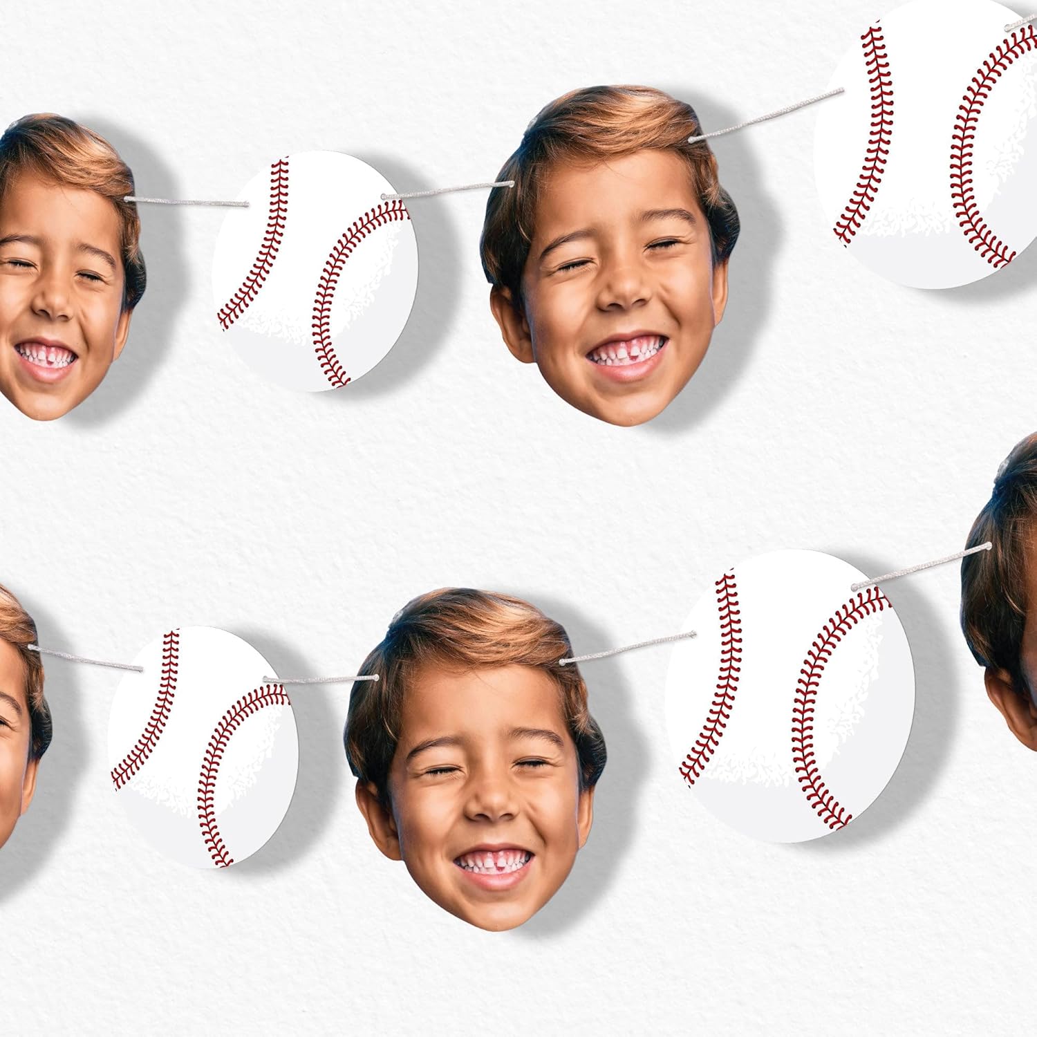 Big Dot of Happiness Custom Baseball Face Cut Out Garland Banner, Personalized Sports Birthday Party Decor, 30 Feet of Cord, 5 Photo Face Cutouts, 5 Baseballs