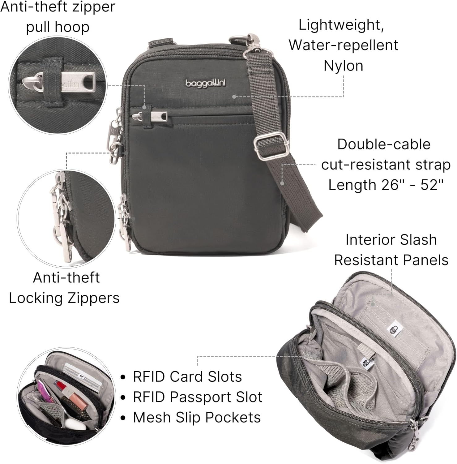 Baggallini Securtex® Anti-theft Mini Everything Crossbody Bag, 6.3"x8.25" Rfid, Locking Zippers & Cut-resistant Strap - Image 3