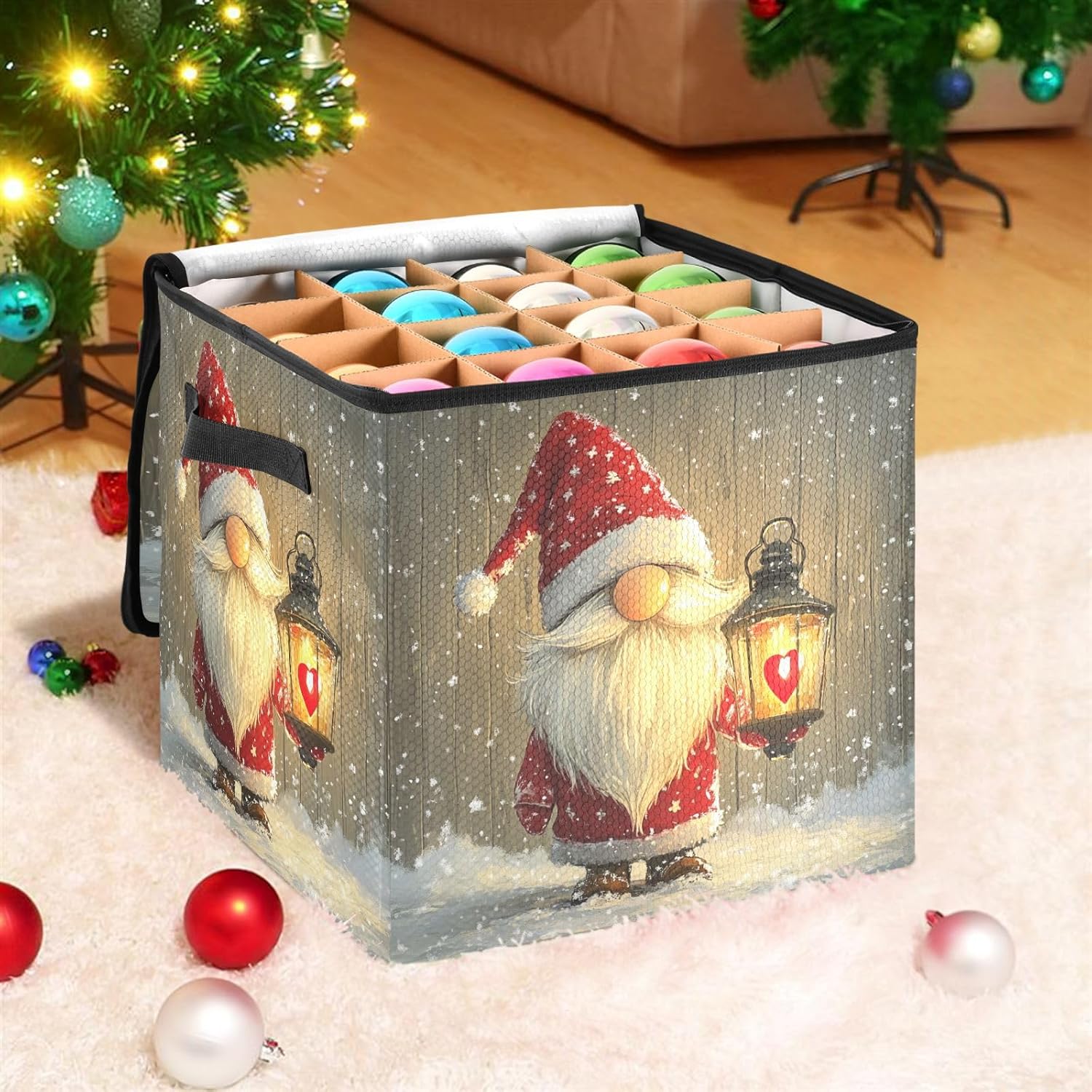 High Capacity Christmas Ornament Storage Box Holds Up to 64, Zippered Top telescoping Holiday Storage Case with Lid,Christmas Gnome Red Snow