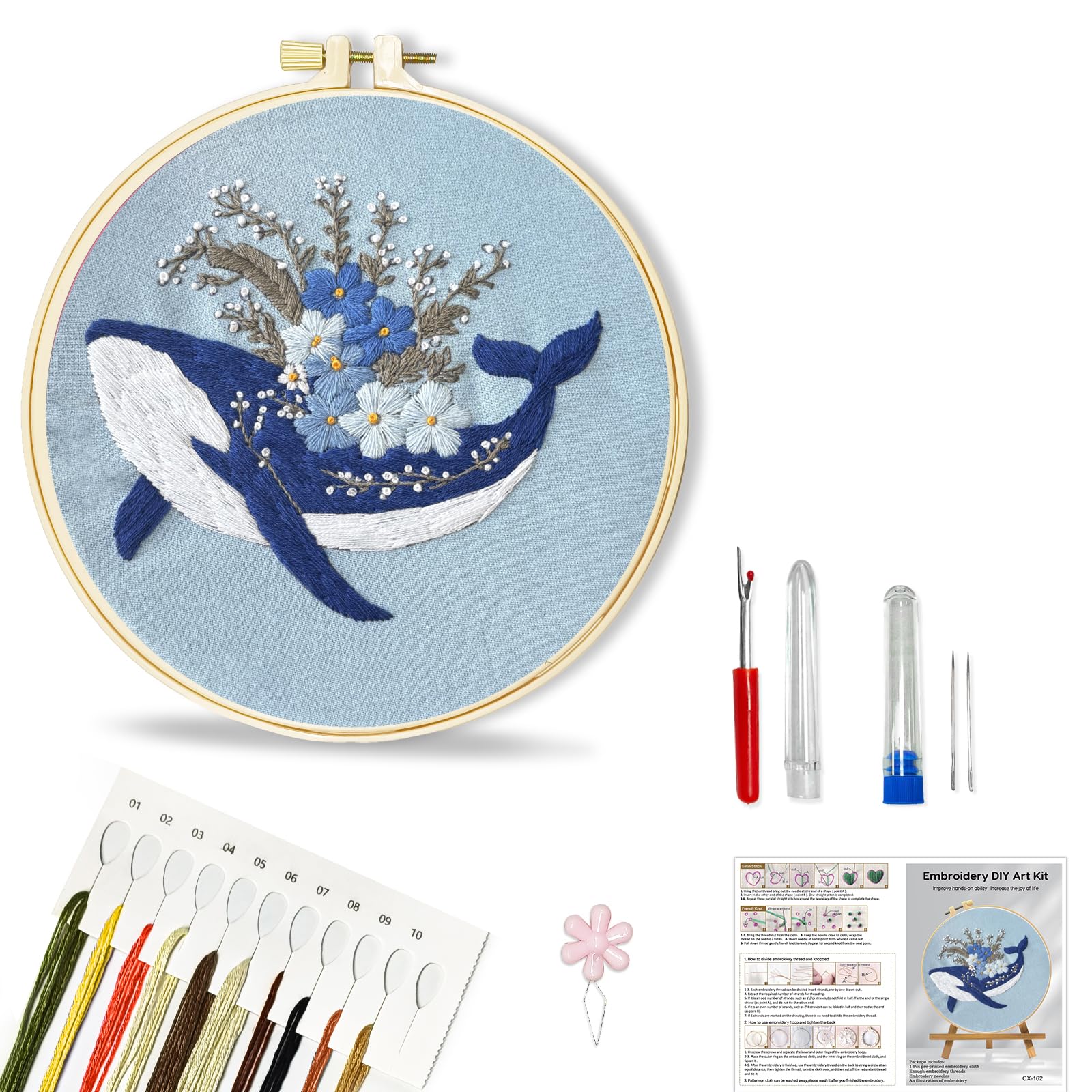Huacan Embroidery Kit for Beginners Adults Includes Stamped Bee and Dolphin Pattern, Hoop, Color Threads,Tools,Easy to Follow Instruction