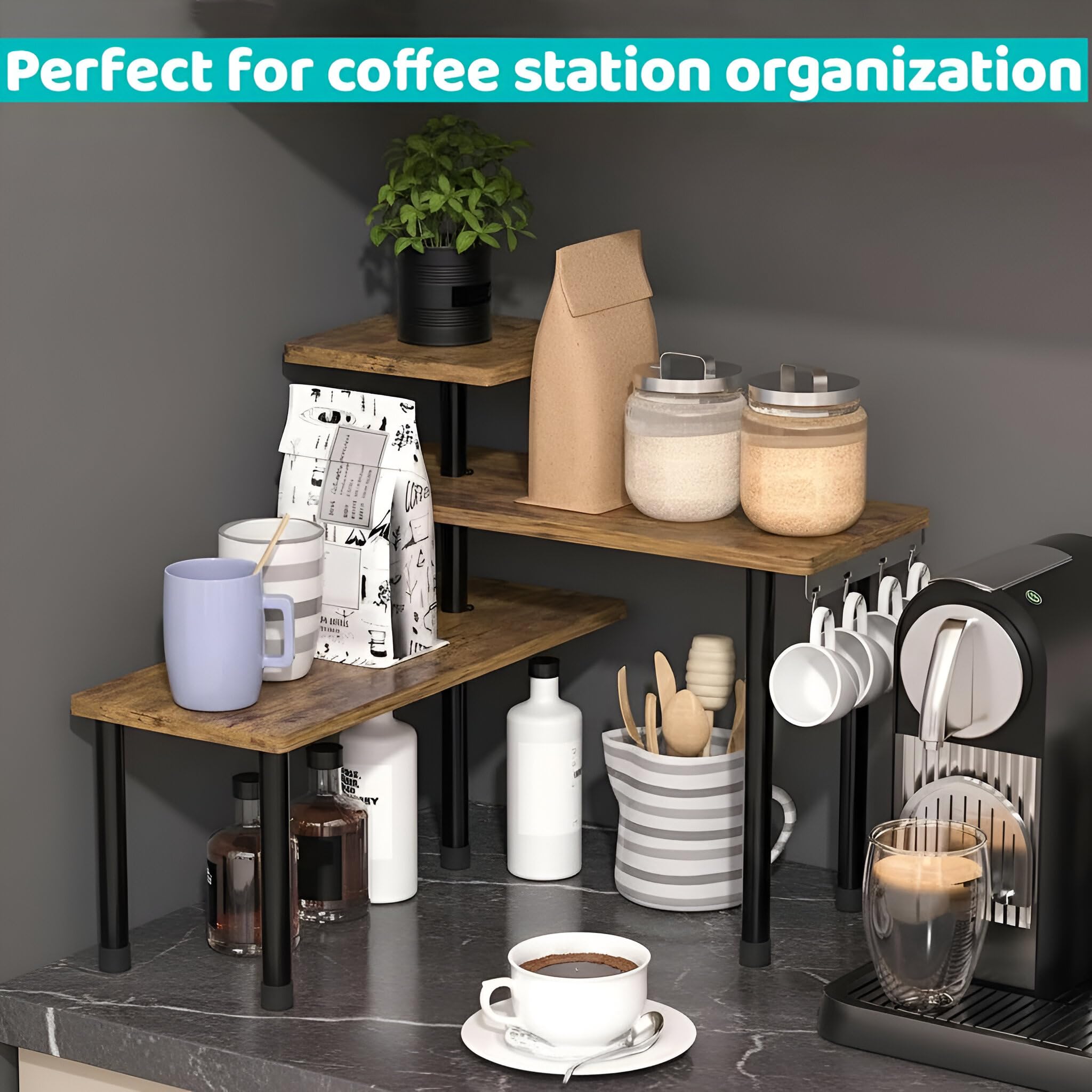 SOONHUA Mensola Scaffale Angolare per Cucina, 3 ripiani, con 4 ganci laterali, orientamento regolabile, salvaspazio, ripiano da cucina, piano di lavoro per cucina e zona caffè