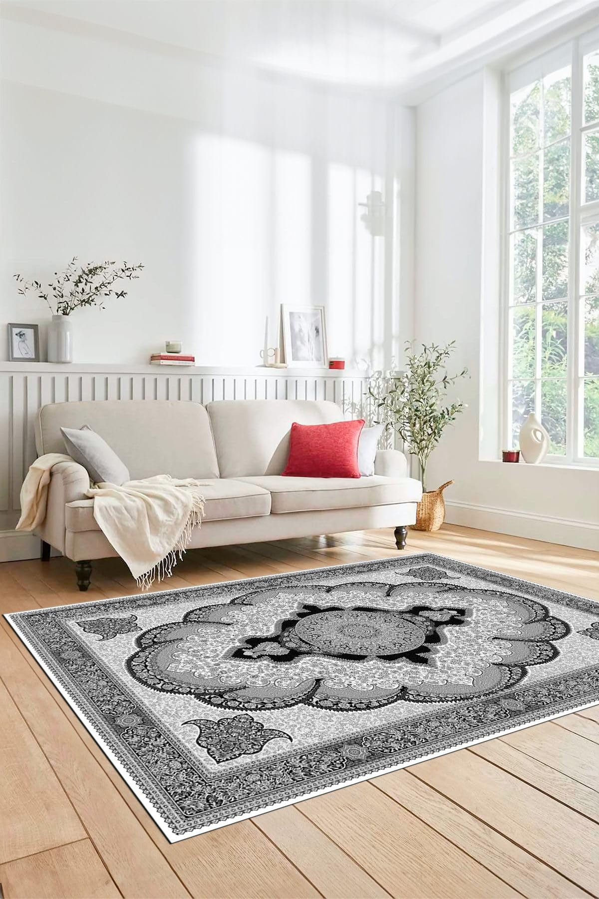 Evdeya Dijital Kaymaz Yıkanabilir Çerçeveli Göbekli Klasik Desen Salon Halısı KLASİK-02, Gri, 180 x 300