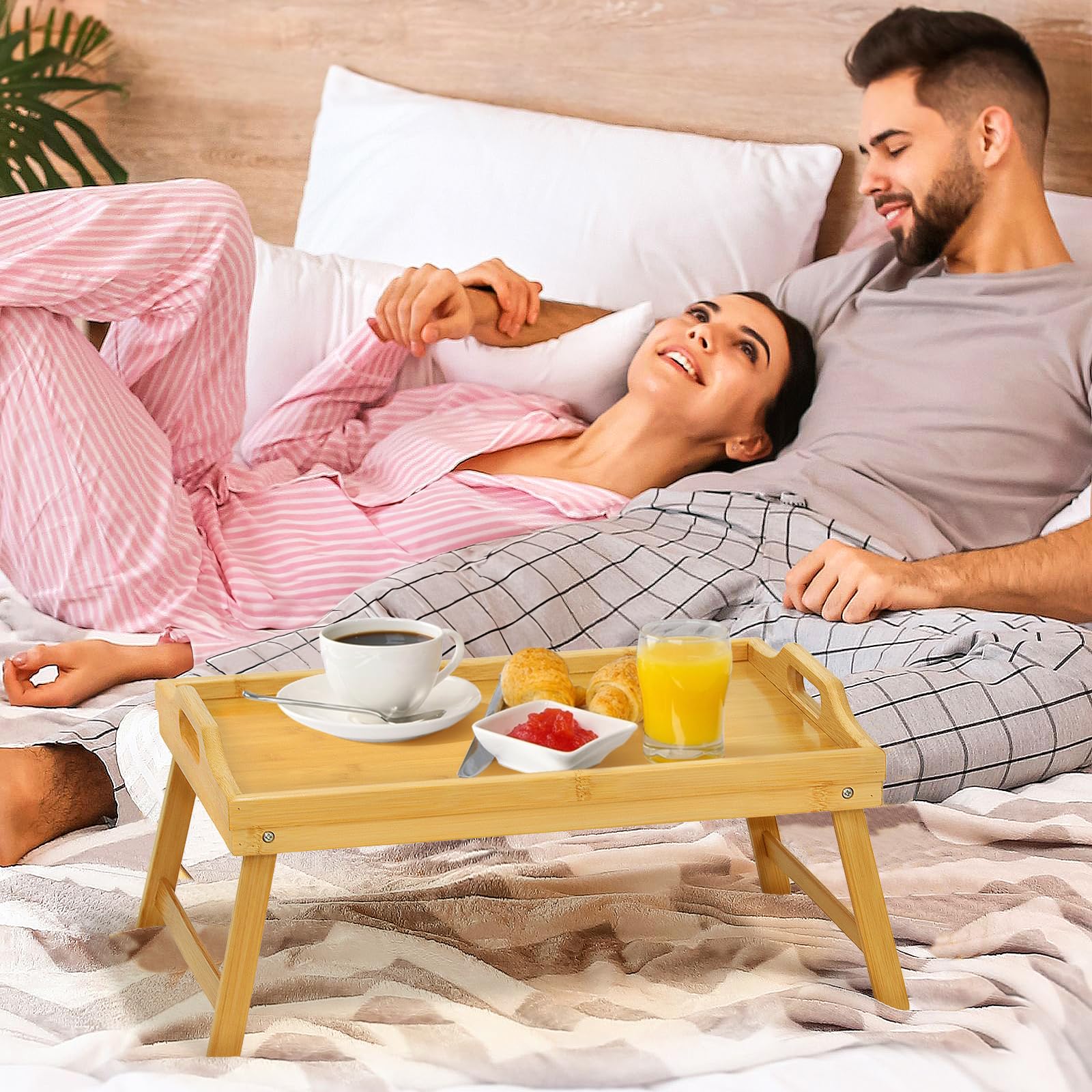 Confezione da 2 vassoi da letto in bambù per la colazione, vassoio da portata per mangiare gambe fluttuanti con manici e supporti per telefono