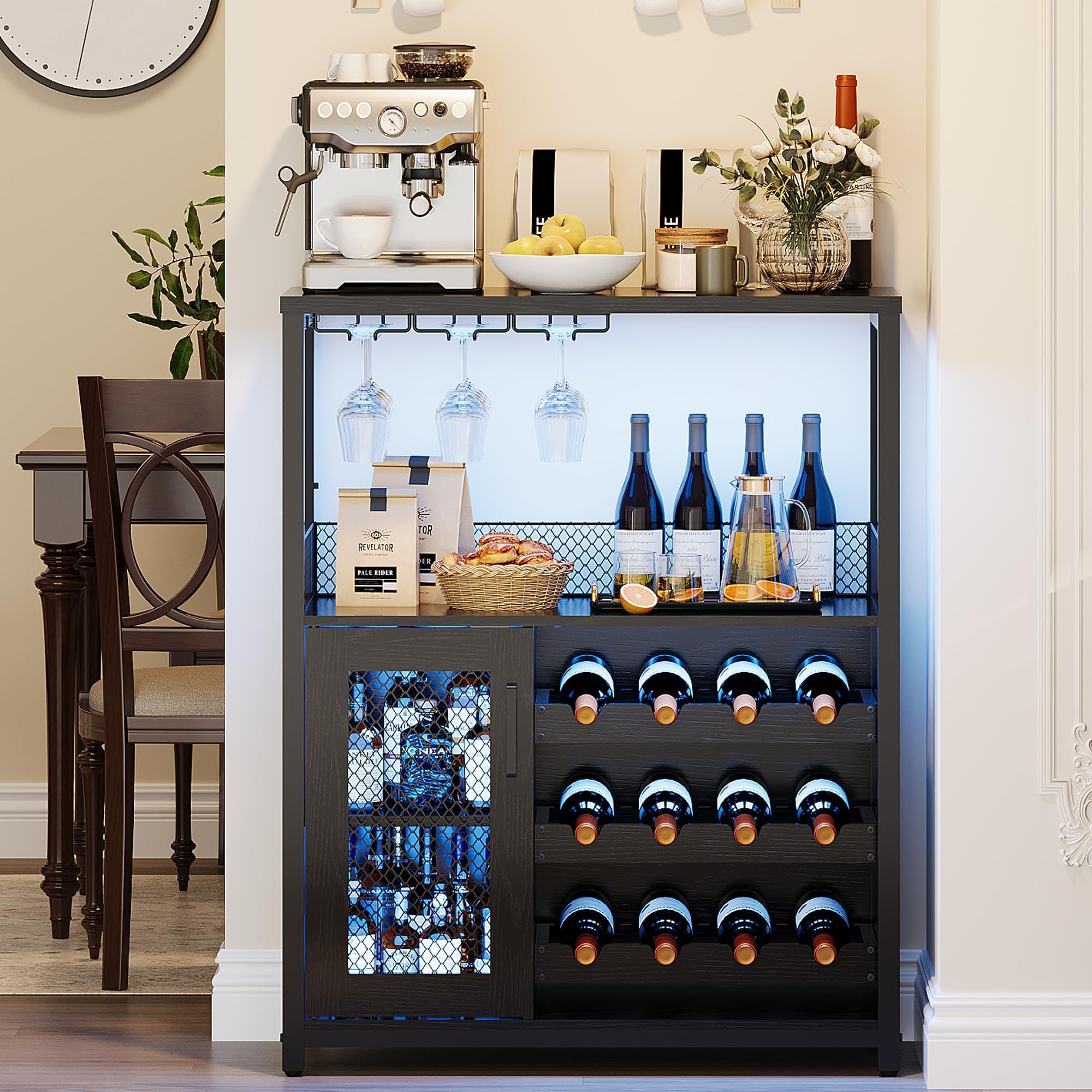 Weinlagerschrank LED Licht, höhenverstellbares Weinregal & Gläserhalter, Getränkeschrank für Küche, Esszimmer oder Wohnzimmer stilvolle Aufbewahrung für Weinflaschen, 70x35x92 cm Schwarz