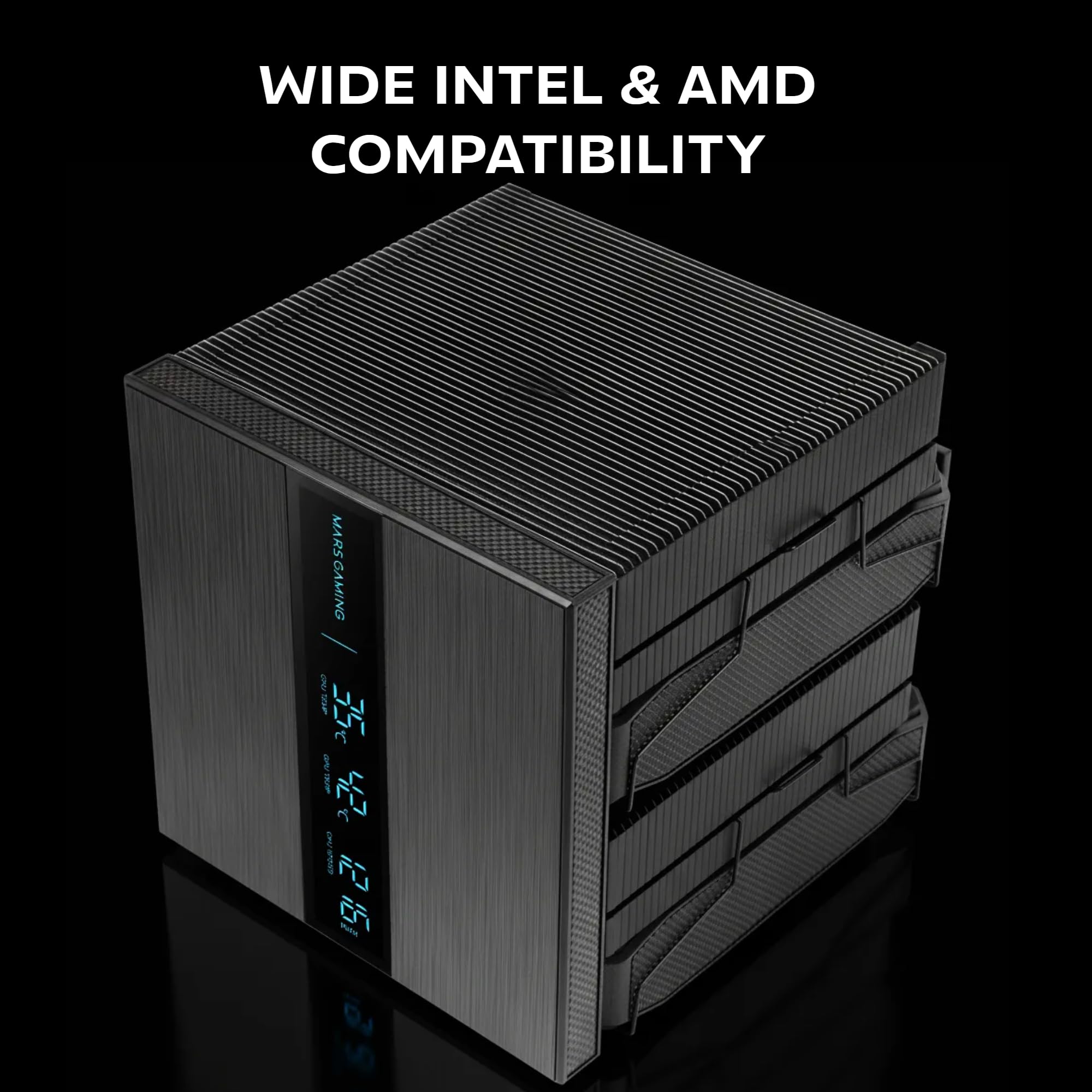 Mars Gaming MCPU-LCDPRO, Podwójny wieżowy radiator CPU 380W TDP, 8x Heatpipes HCT, 2x Wentylatory 120mm PWM FDB, Duży ekran LCD, Oświetlenie ARGB Infinity Mirror, Kompatybilność z Intel i AMD, Czarny