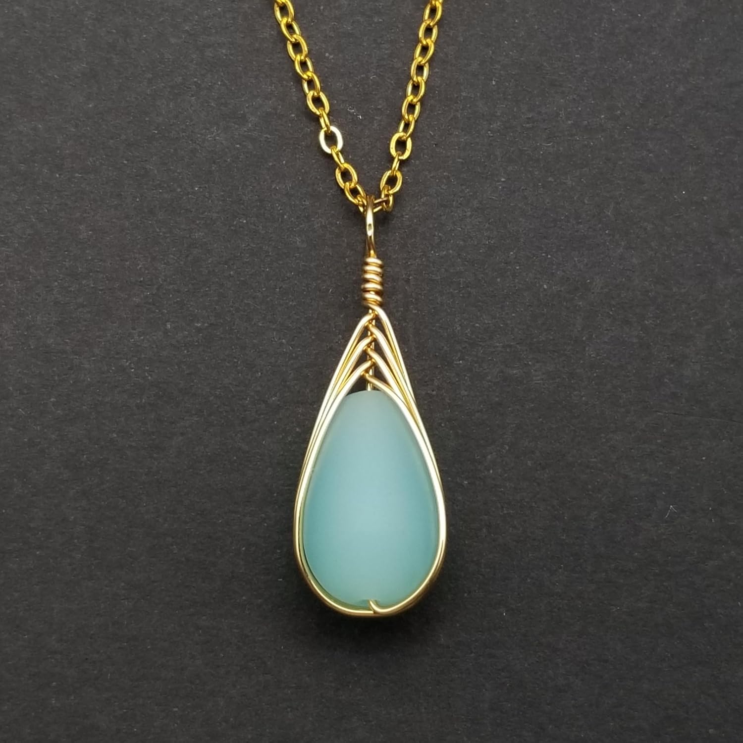 Handmade Sea Glass Necklace, Hawaiian Jewelry For Women, Gold Wire Braided Teardrop Necklace, Beach Jewelry, Birthday Gift For Women