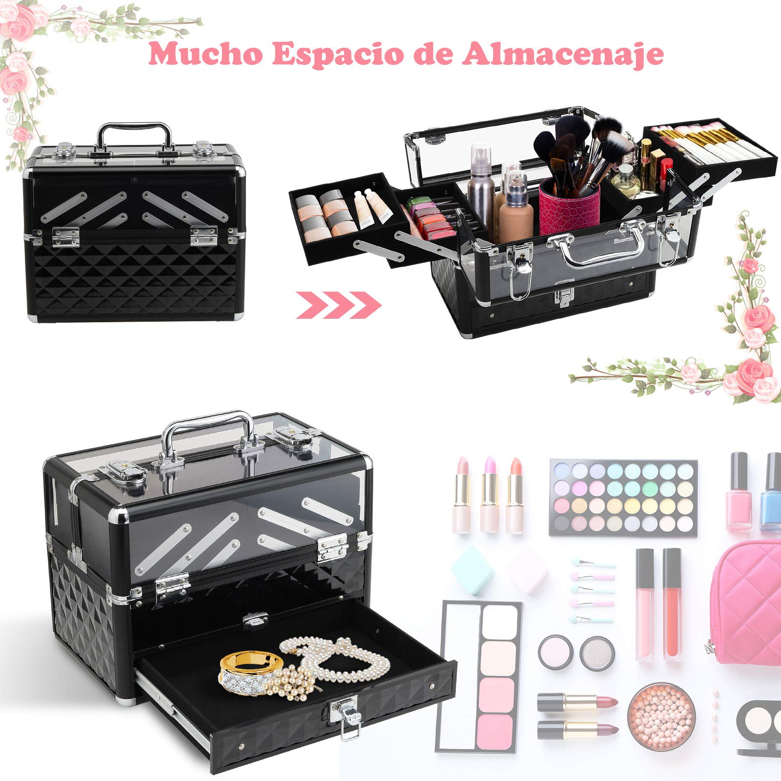 HOMCOM Maletín de Maquillaje Portátil 30x18,5x22 cm Transparente y Negro | Múltiples Niveles, Con Asa y Bandejas Desplegables, Aleación de Aluminio, Organizador Cosméticos