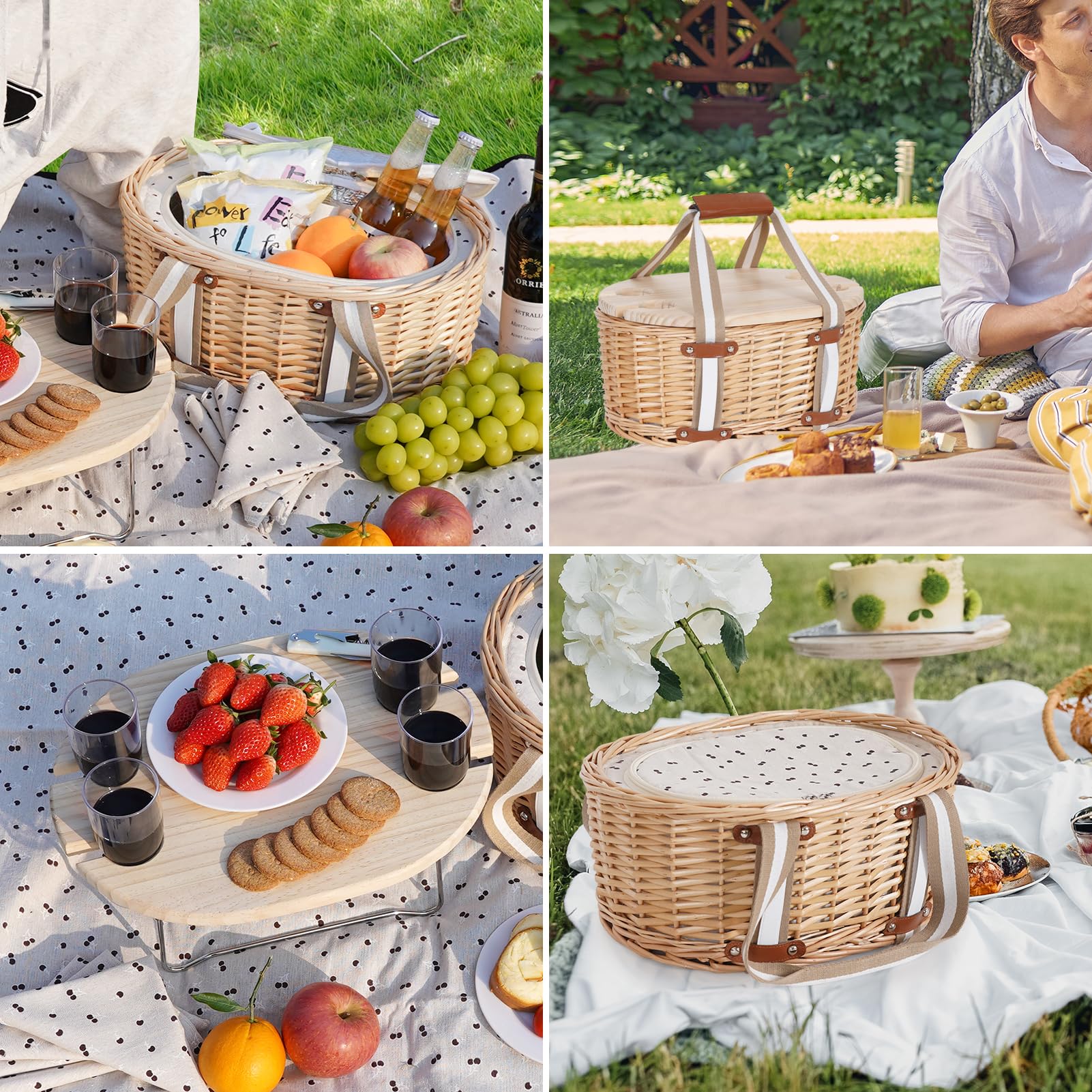 Juego de canasta de picnic para 4 personas, cesta de picnic aislada de mimbre con mesa de vino plegable, kit de picnic de vino con forro para parejas, camping, al aire libre, San Valentín