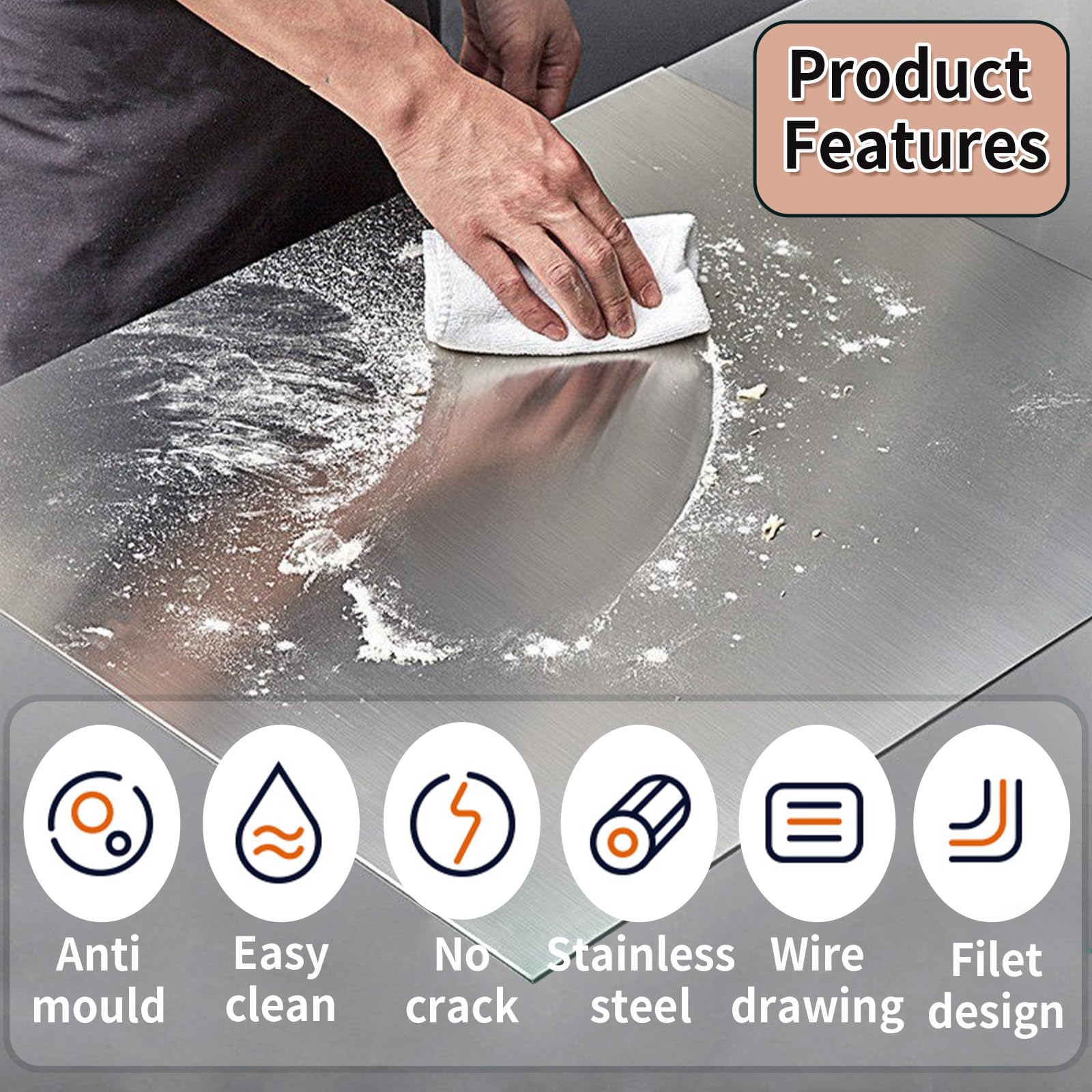 Plaque Inox Cuisine 50 x 40 cm Planche à Découper en Acier Inoxydable,Plan de Travail Inox Antibactérienne pour Cuisine,Bar,Restaurant,Plan de Travail Inox pour Pizza,Pain,Gâteaux