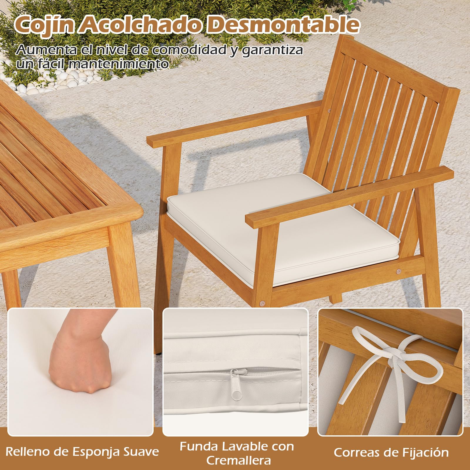 GOPLUS Juego de 2 Sillas de Jardín de Madera de Acacia, Sillones de Exterior con Patines Ajustables, Respaldo de Listones y Cojín Extraíble y Lavable para Balcón y Terraza, Carga 180 kg (Amarillo)