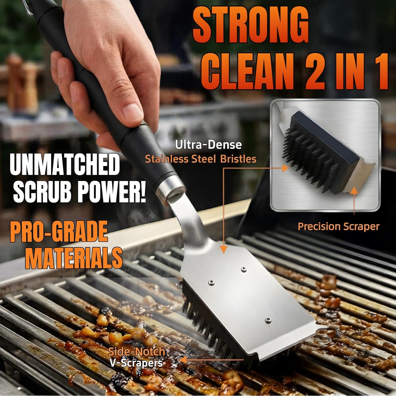Grill Brush with Scraper& Extra Long Handle -Heat Insulated & Detachable for Gas, Charcoal, Electric Grills | Stainless Steel Wire Grill Brush BBQ Cleaning Tool for Outdoor Grill | Gift for Men image 2