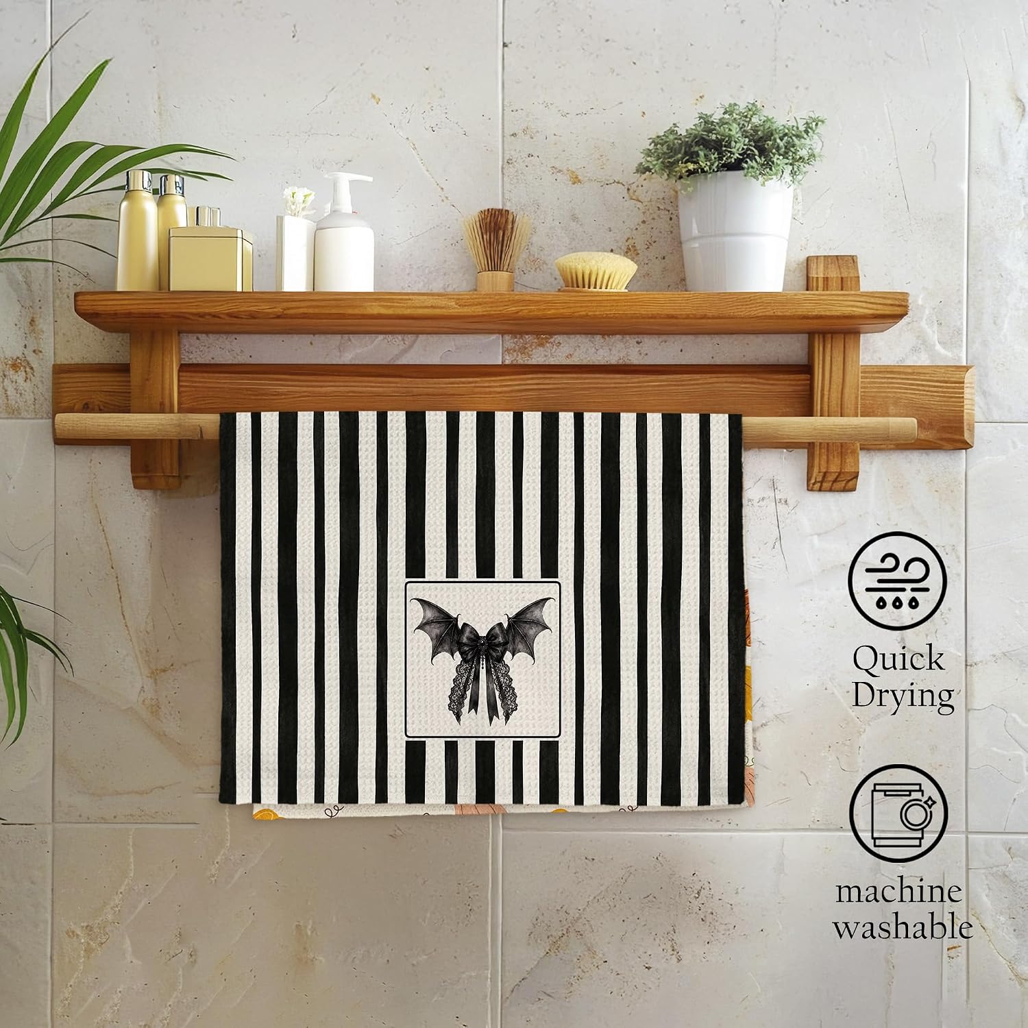 Coquette Black Bat Bow Halloween Kitchen Towels, Halloween Bat Gifts for Women Girls, Black Striped Gothic Decorative Hand Tea Dish Towel for Bathroom Kitchen Decor, 16x24 Inch