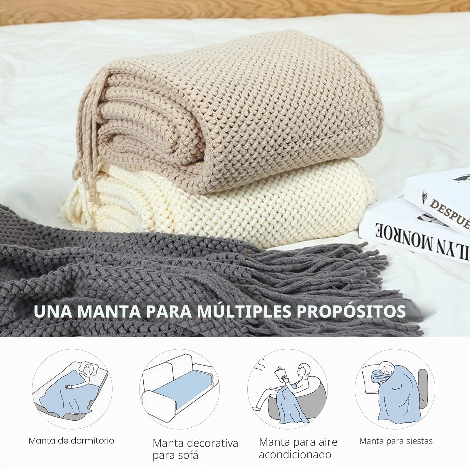 LumiSyne Manta De Punto con Borlas Transpirable Mantas Celulares Estilo Nórdica Comoda Suave Cubresofa Cubrecama Plaid Manta Decorativa para Sofá Cama Silla
