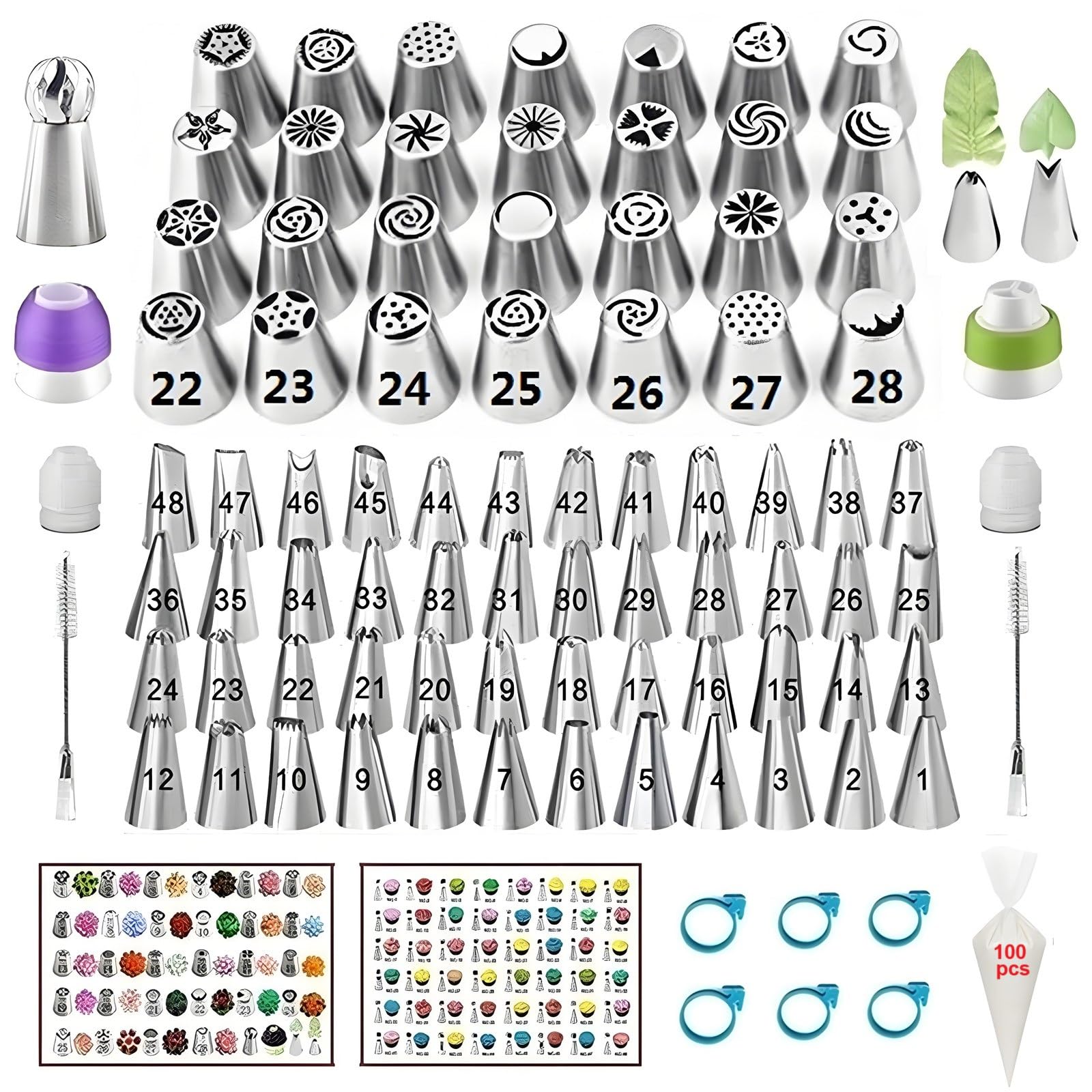 YOQXHY 193 Pcs Russian Piping Tips Set, with 28 Numbered Russian Tips,48 Numbered Icing Tips,1 Ball Tip,2 Leaf Tips,Pattern Chart,100 Pastry Bags,4 Couplers,6 Bag Ties for Cake Decorating