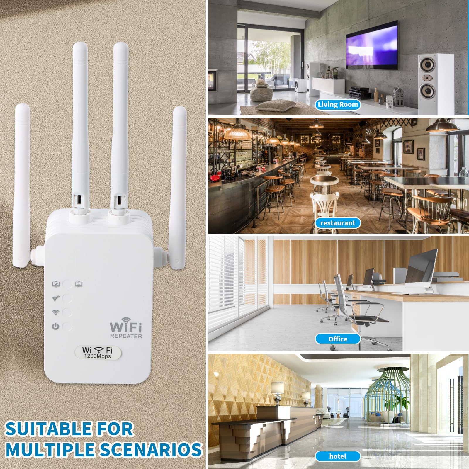 Ripetitore WiFi Potente per Casa, 1200Mbps Dual Band 2.4G/5G Estensore WIFI 5G Extender Potente per Casa Amplificatore Extender con 4 Antenne per l'estensione Segnale WiFi in Ufficio e Casa