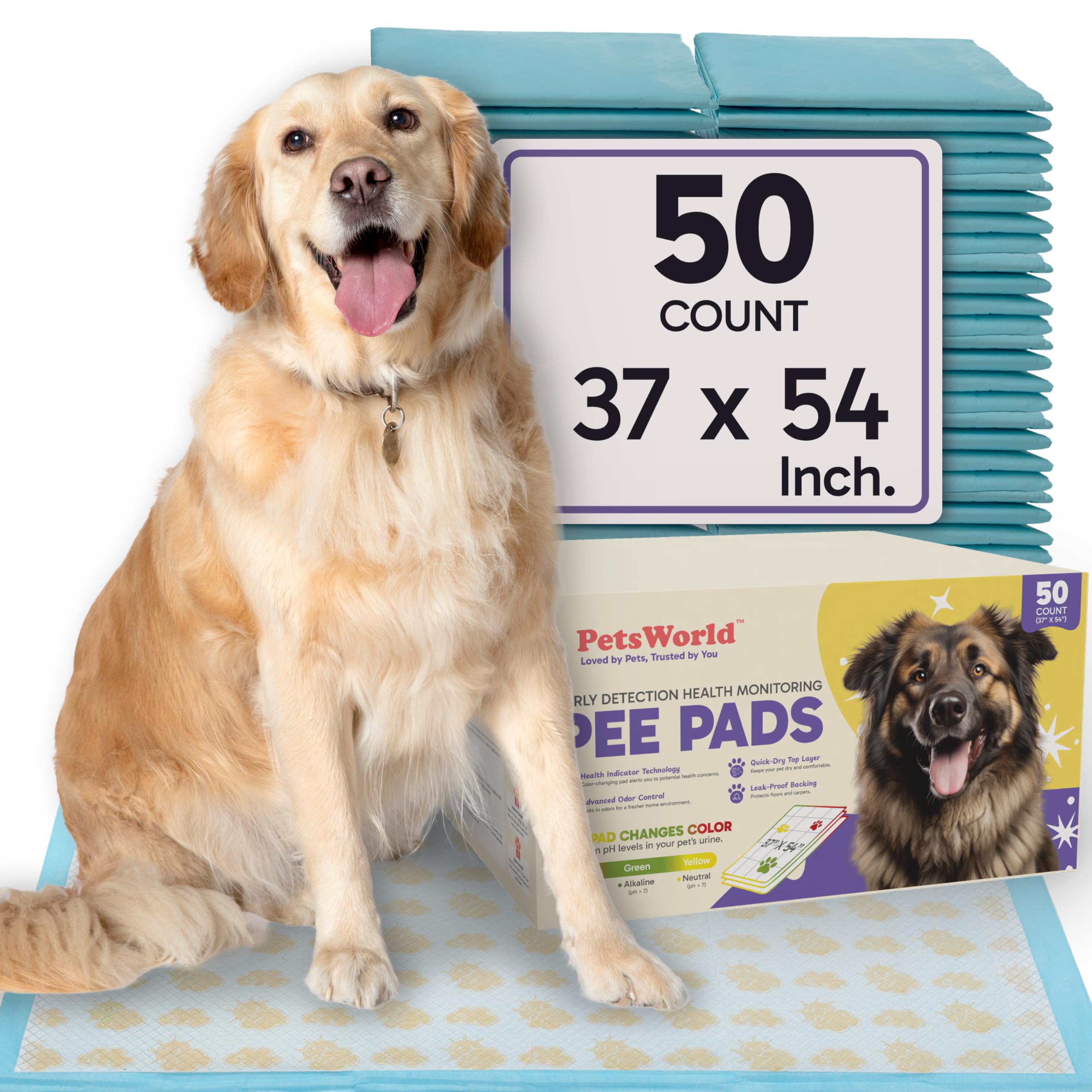 PetsWorld Health Monitoring Dog Pee Pads 37"x54" 50 Count – XXXL Color-Changing Pet Pee Pads for Dogs & Pets, Leak-Proof Super Absorbent Dog Training