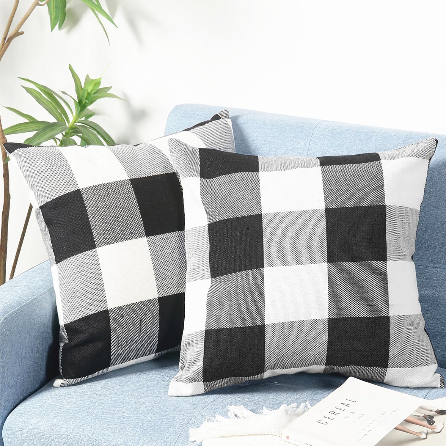 Rustic Buffalo Plaid Pillows with Inserts Set of 2, Retro Cotton Linen Decorative Throw Pillows for Front Porch Patio Decor, Classic Home Decor for Sofa Bed Couch(Black White, 18" x 18") Buffalo Plaid 18" x 18"(Pack of 2)
