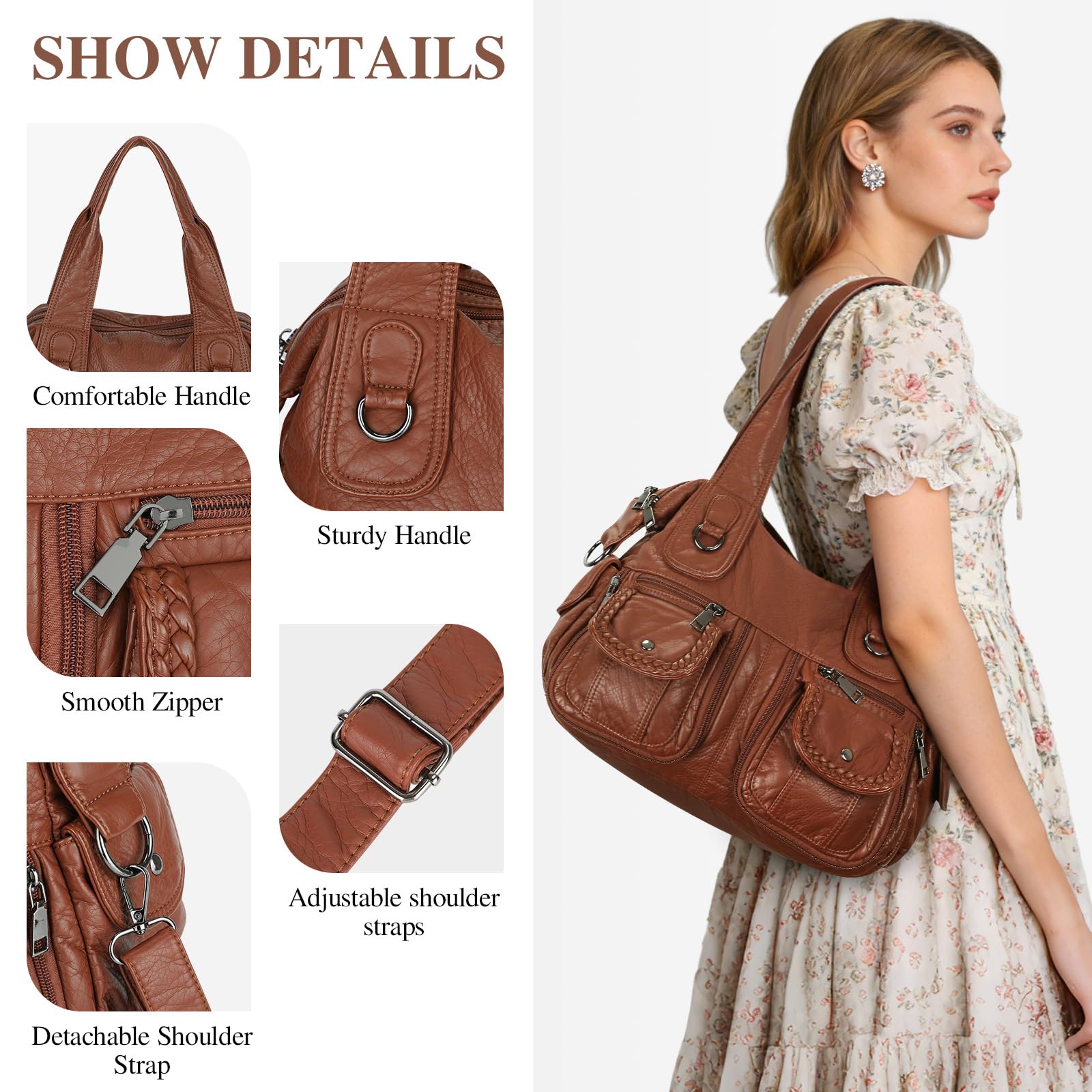 VINBAGGE Borsa Tracolla Donna Tote Bag Donna Borse a Mano Grande Elegante Borse a Spalla Shopper Borsetta per scuola, lavoro, shopping, viaggi, uso quotidiano,L-Marrone