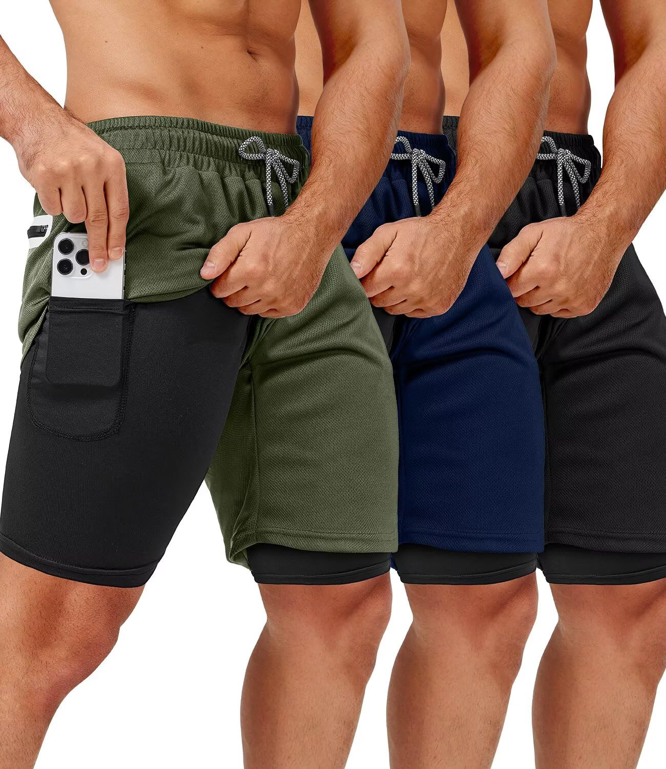 OCYMA 3 Pack Men's 2 In1 Gym Shorts Men with Pockets 7 inch Workout Shorts Men Running Shorts with Liner&Towel Loop Small Black,army Green,navy
