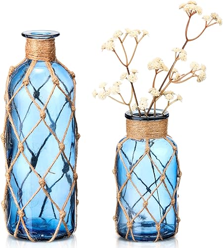 Vista 9 de Chuangdi TSITP - Juego de 2 jarrones de cristal costeros para flores, florero con cuerda bohemia, frasco pequeño de cristal de mar, botella de playa